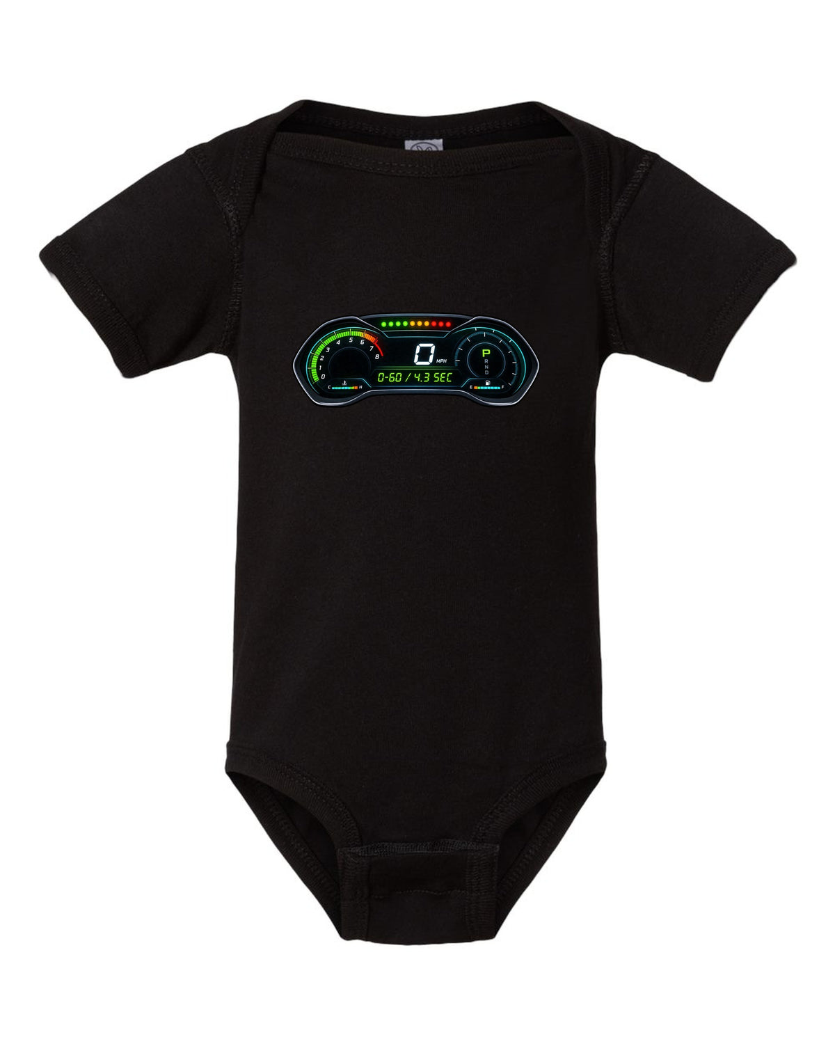 Retro manga halftone panel print of an S550 Mustang fastback doing a line lock burnout black baby onesie front view with the design
