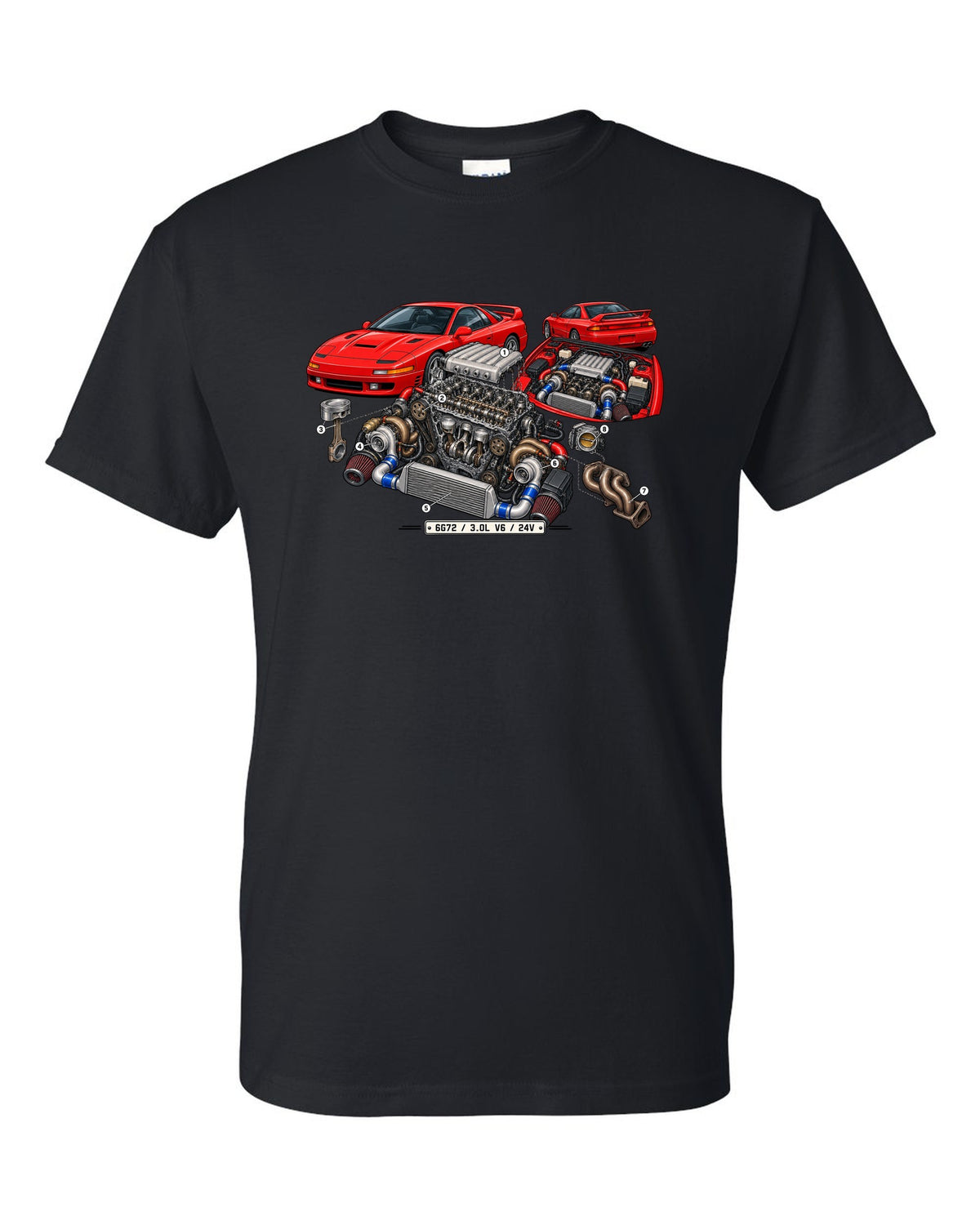 Exploded engine cutaway print of the 6G72 V6 for the Mitsubishi 3000GT VR-4 with 3.0L 24V text black t-shirt front view with the design