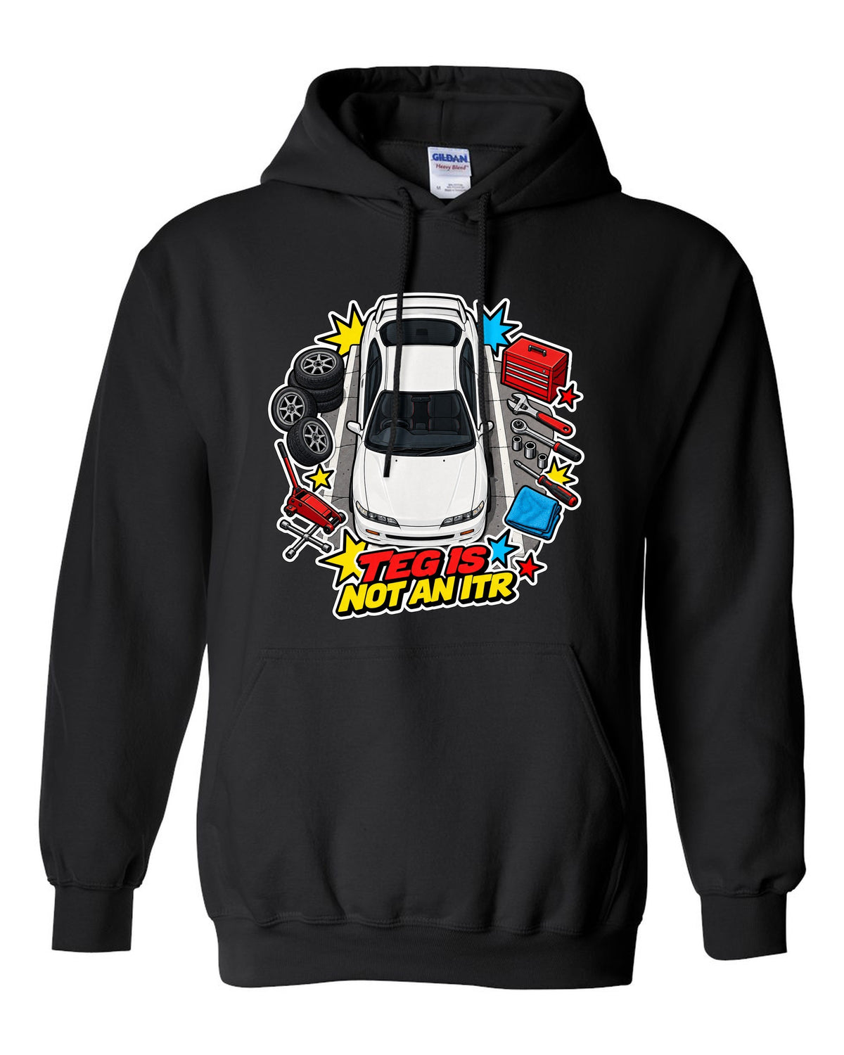 Retro Showa catalogue ad style print of a 2002 Honda Integra DC5 ch with K20A six speed text black pull over hoodie front view with the design