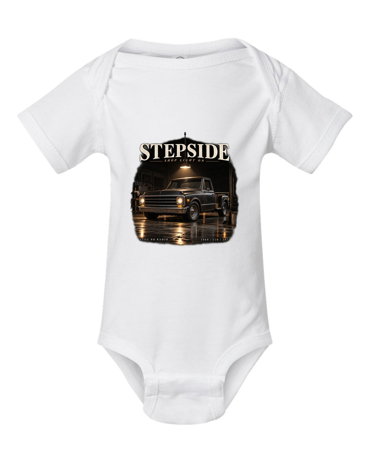 Chevy C10 Stepside under a shop light, garage night print white baby onesie front view with the design