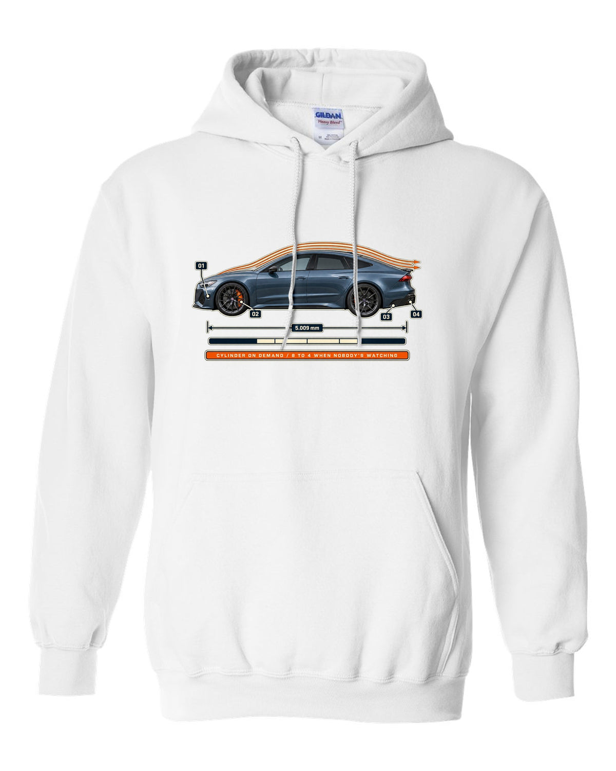 Aero callout print of an Audi RS7 Sportback C8 with cylinder on demand caption white pull over hoodie front view with the design