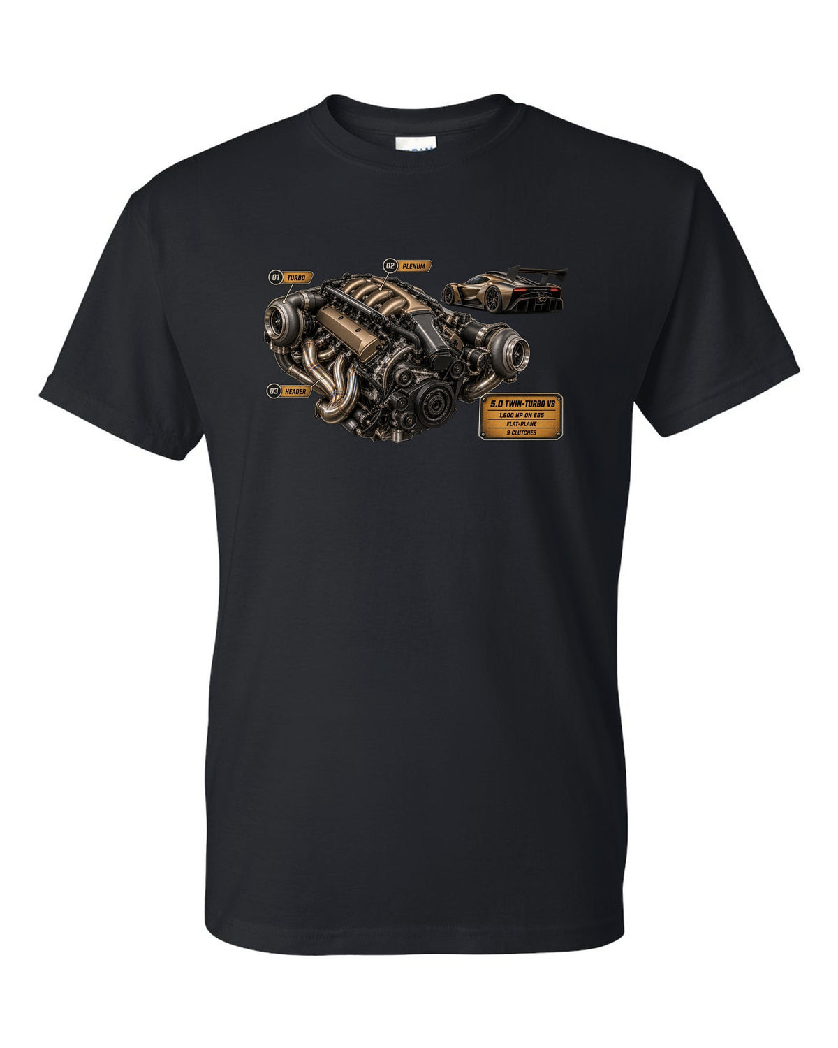 print engine hero of a Koenigsegg Jesko in bronze-grey carbon weave black t-shirt front view with the design