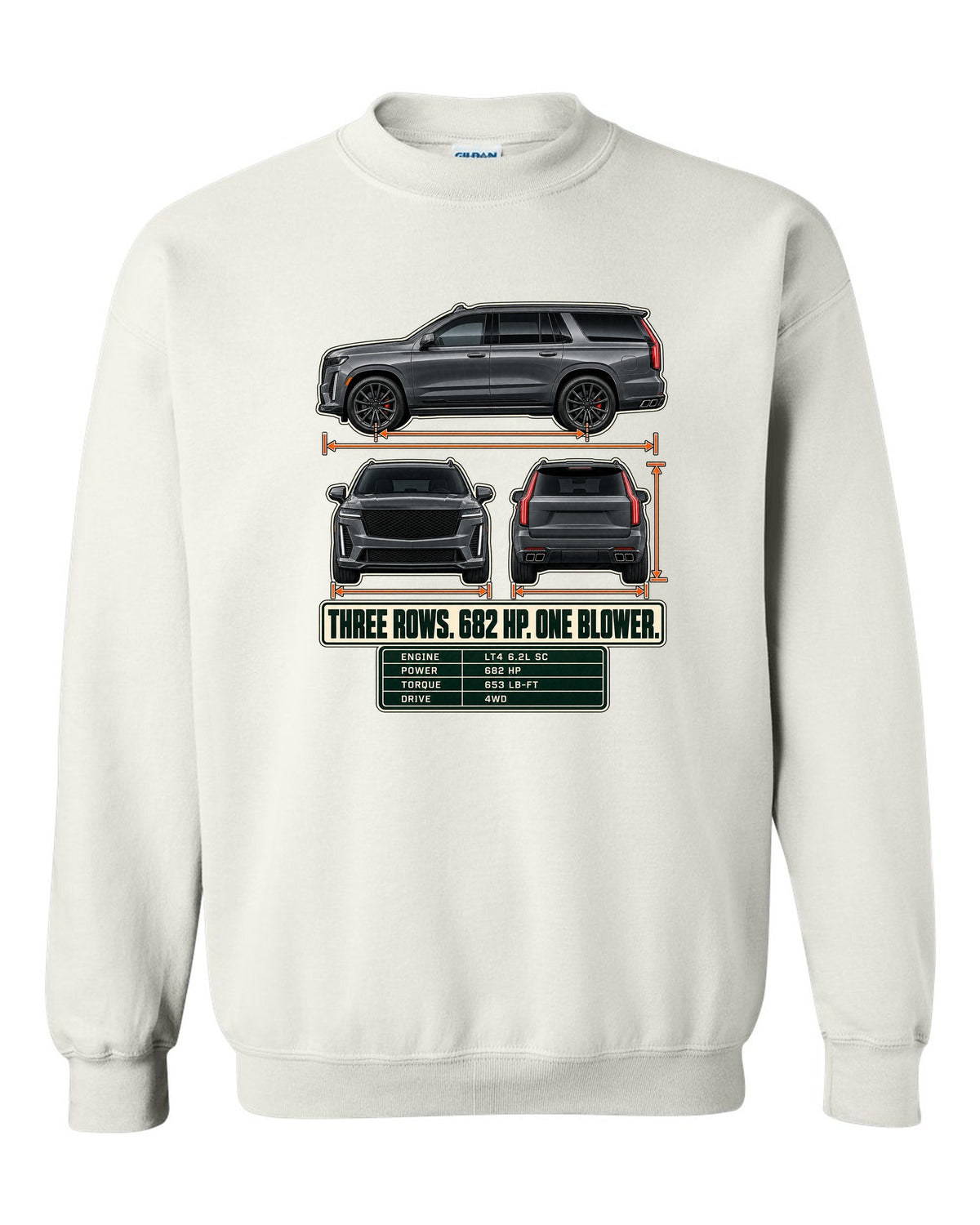 Three-view and spec table print of a 2023-25 Cadillac Escalade-V white crewneck front view with the design