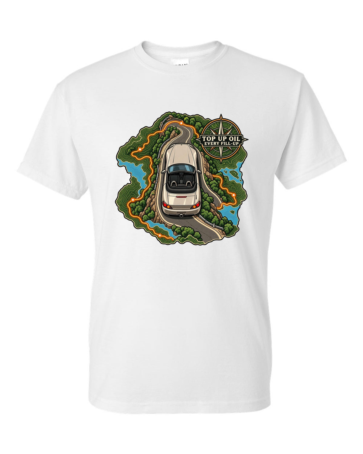 Topographic route map print of a 1999 Honda S2000 AP1 roadster with top up oil text white t-shirt front view with the design