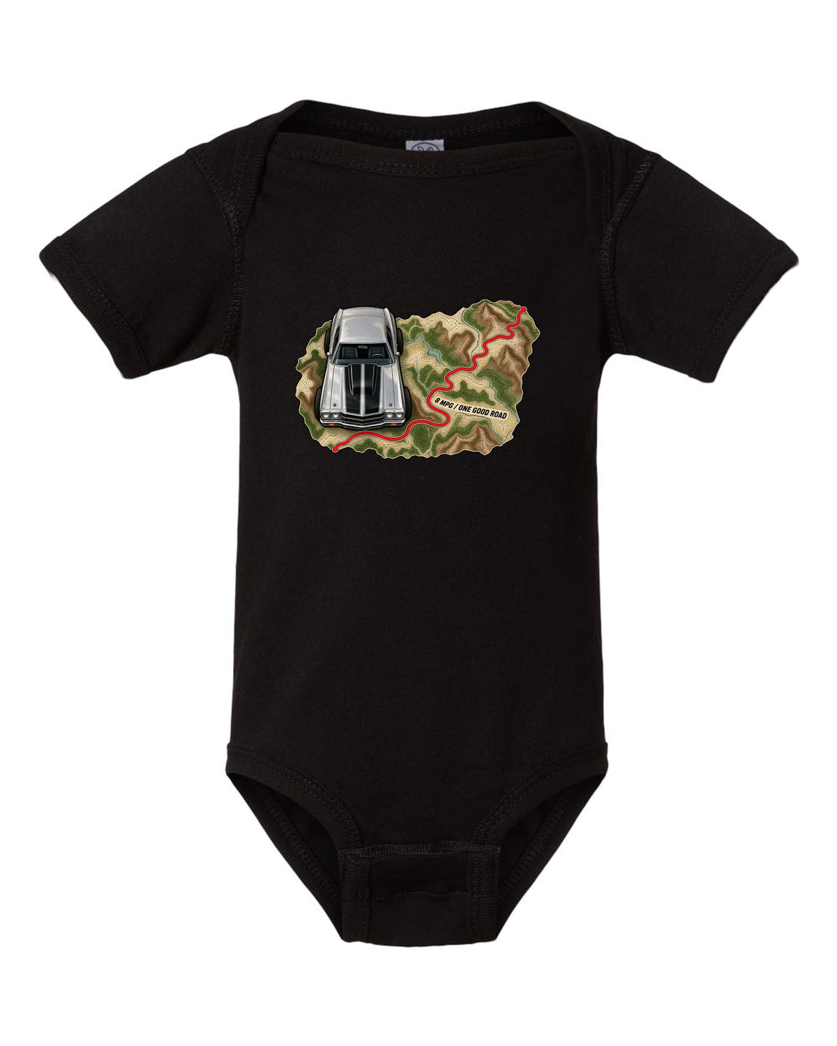 1970 Chevelle SS 454 on a topographic route map with the text 8 MPG One Good Road black baby onesie front view with the design