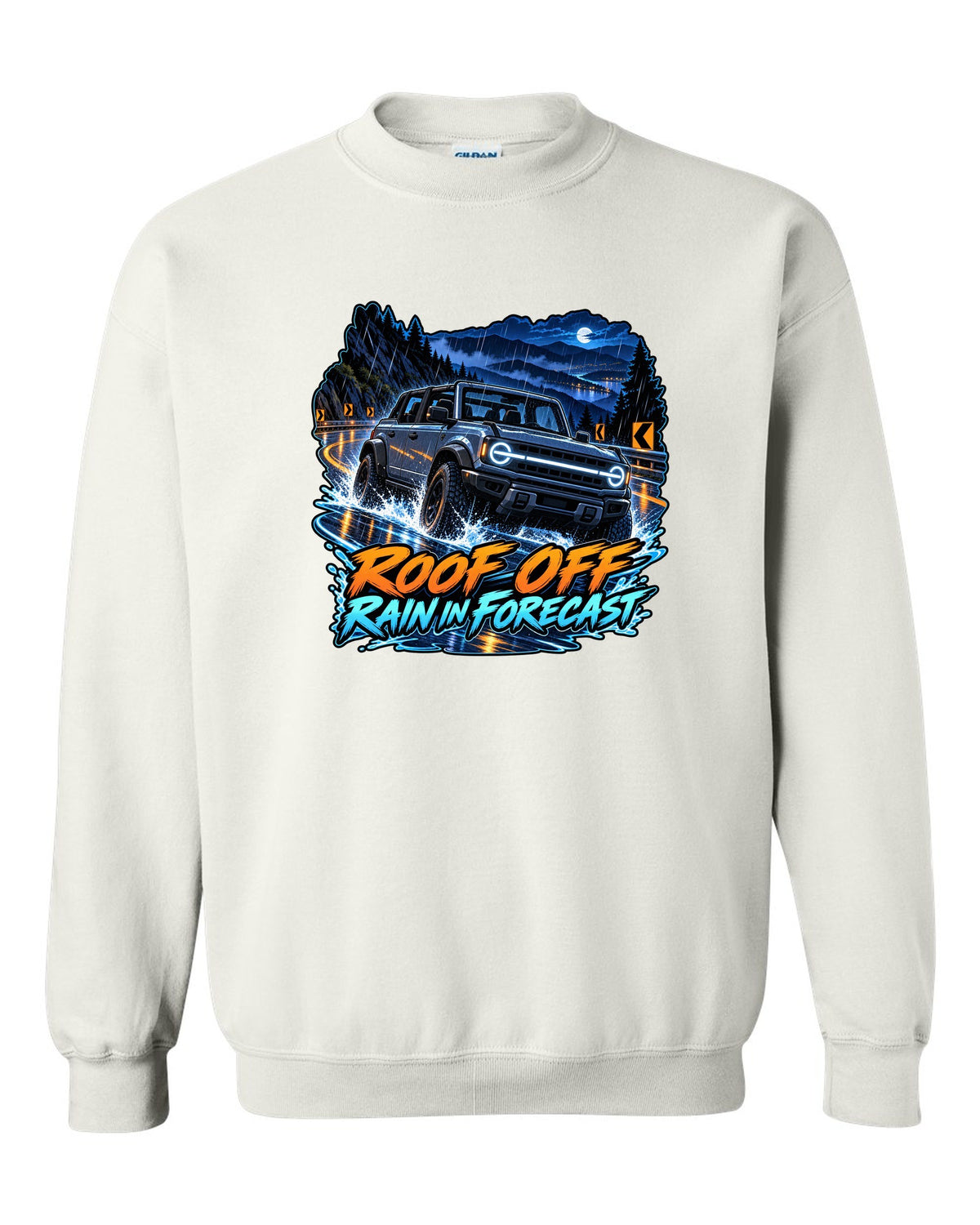 Cel-shaded anime night garage print of a 2021 Ford Bronco 4-door 6G with roof off white crewneck front view with the design