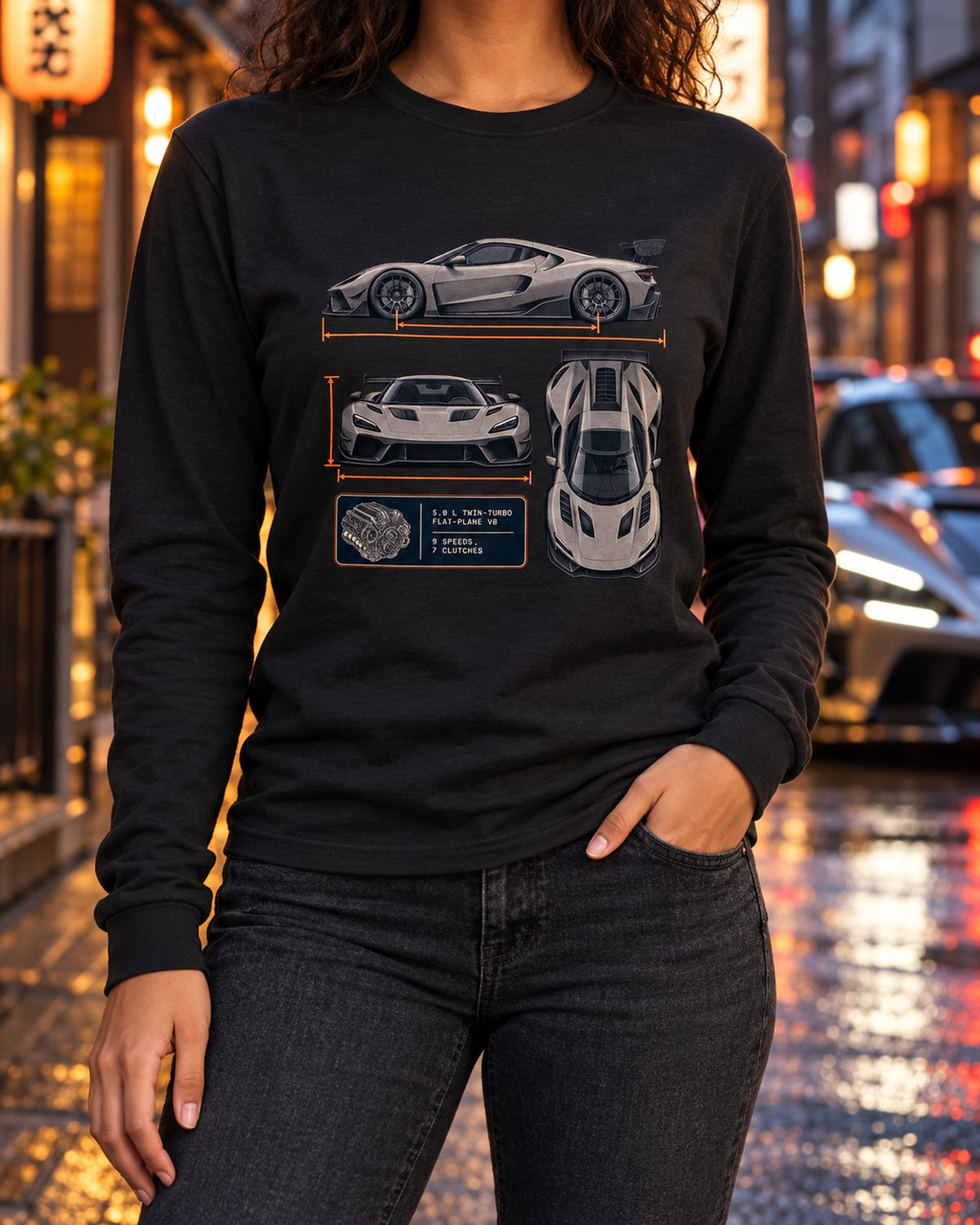 Koenigsegg Jesko Attack Three-View Spec Sheet Shirt, V8 Gift Long Sleeve Black worn hero