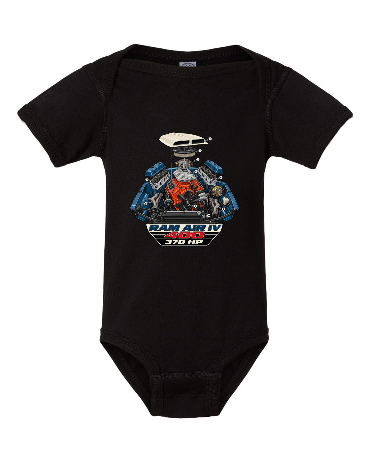 1969 Pontiac GTO Ram Air IV exploded engine bay diagram with 400 and 370 HP text black baby onesie front view with the design