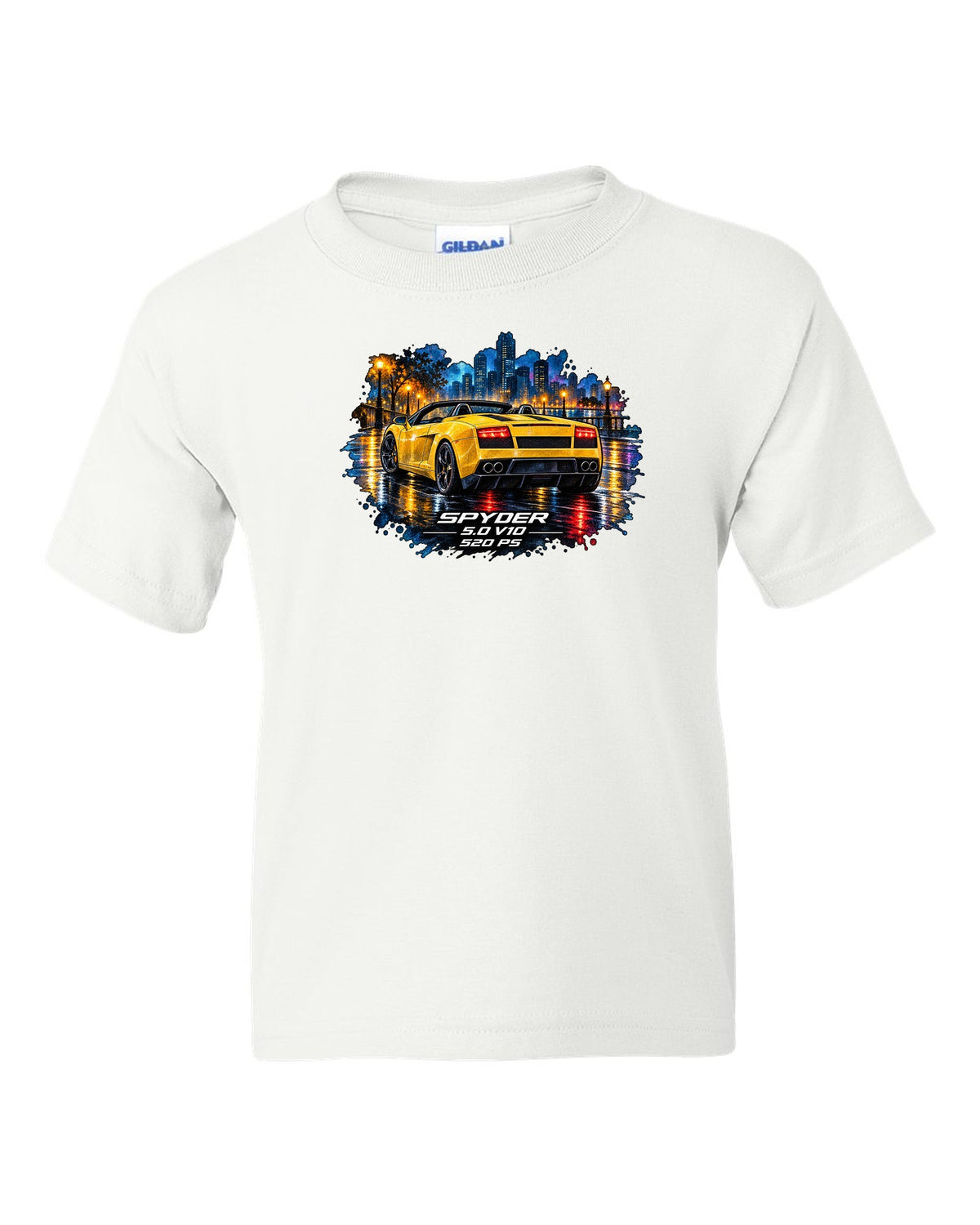 Watercolour wet-road night scene of a Lamborghini Gallardo Spyder with V10 and 520 PS text white kids tee front view with the design