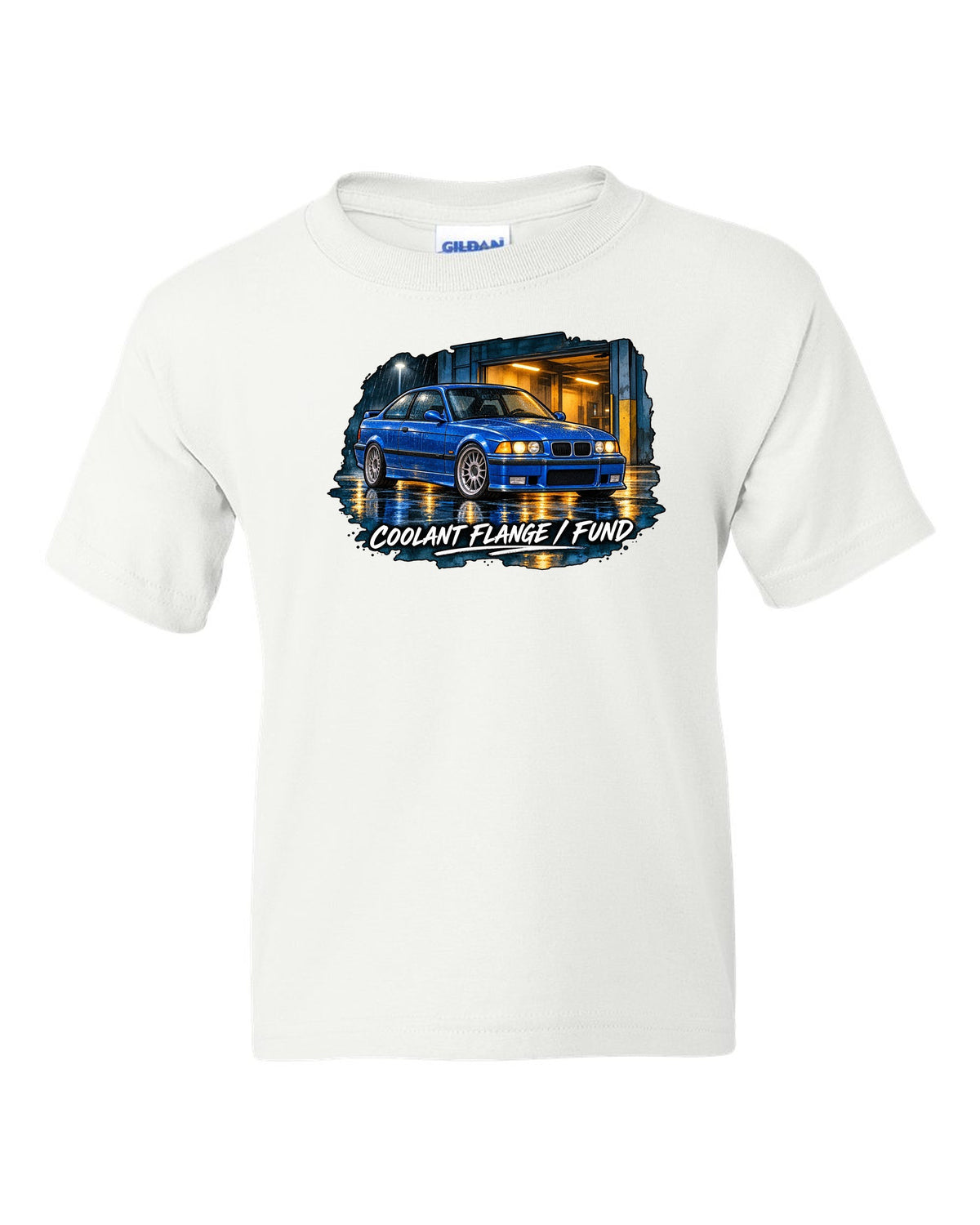 Comic halftone pop-art burnout of a BMW E36 M3 coupe with rear tyres subscription text white kids tee front view with the design