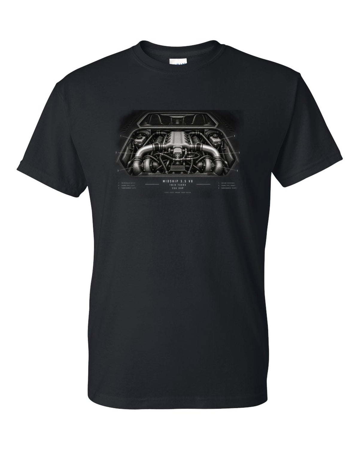 Engine hero print of a 1996 Lotus Esprit V8 with twin-turbo midship 3.5 V8 text black t-shirt front view with the design