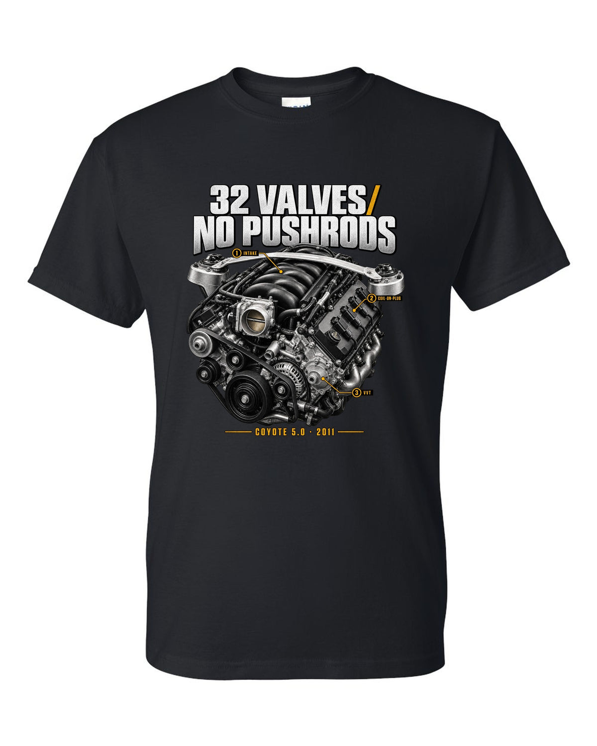 print of a Ford Mustang S197 GT 5.0 Coyote engine bay with callouts black t-shirt front view with the design