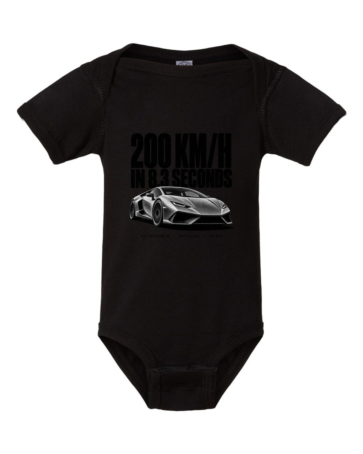 Halftone print of a Ferrari 488 GTB front three-quarter with the text 200 km/h in 8.3 seconds black baby onesie front view with the design