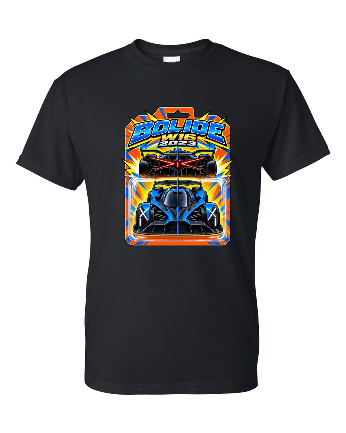 Hot Wheels-style toy blister card illustration of the Bugatti Bolide with BOLIDE W16 2023 lettering black t-shirt front view with the design