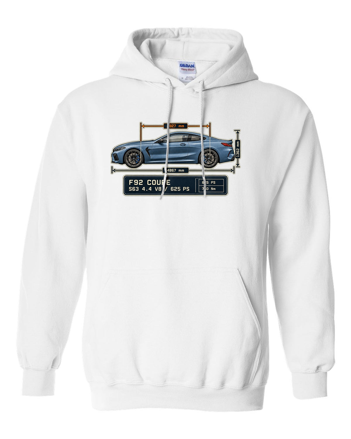 BMW M8 Competition Coupe F92 dimension blueprint print on a tee white pull over hoodie front view with the design