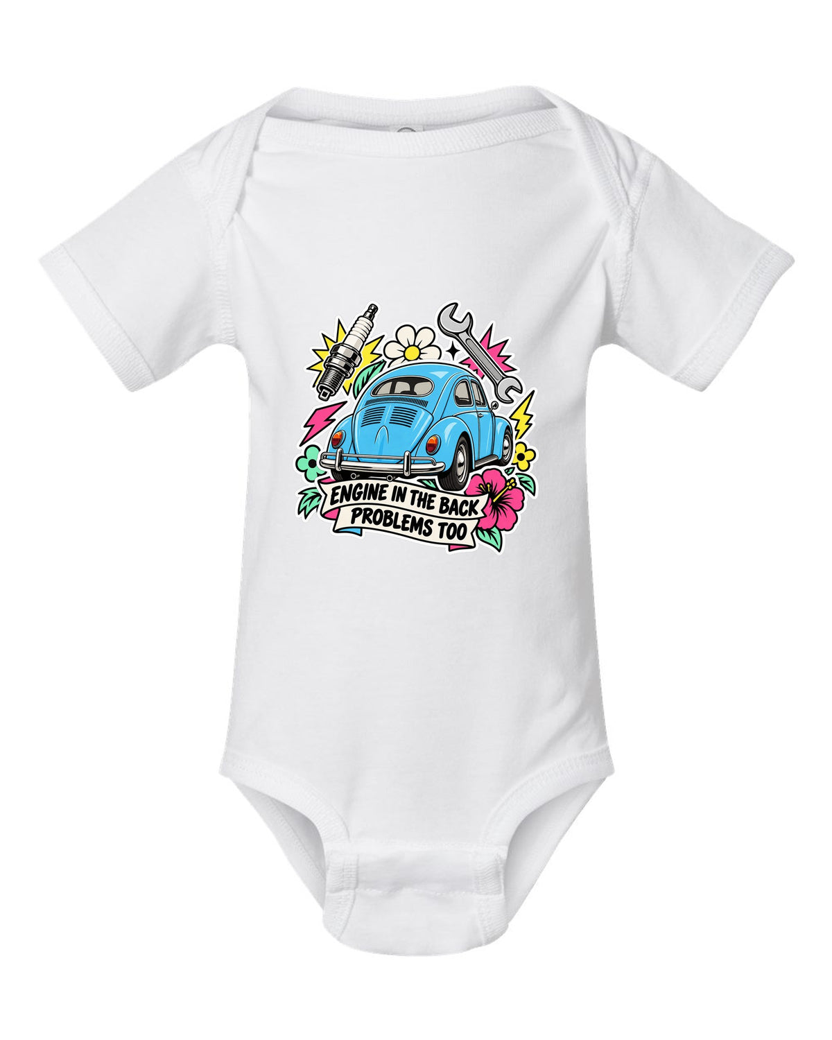 Sticker-bomb collage of a VW Beetle Type 1 with engine in the back lettering white baby onesie front view with the design