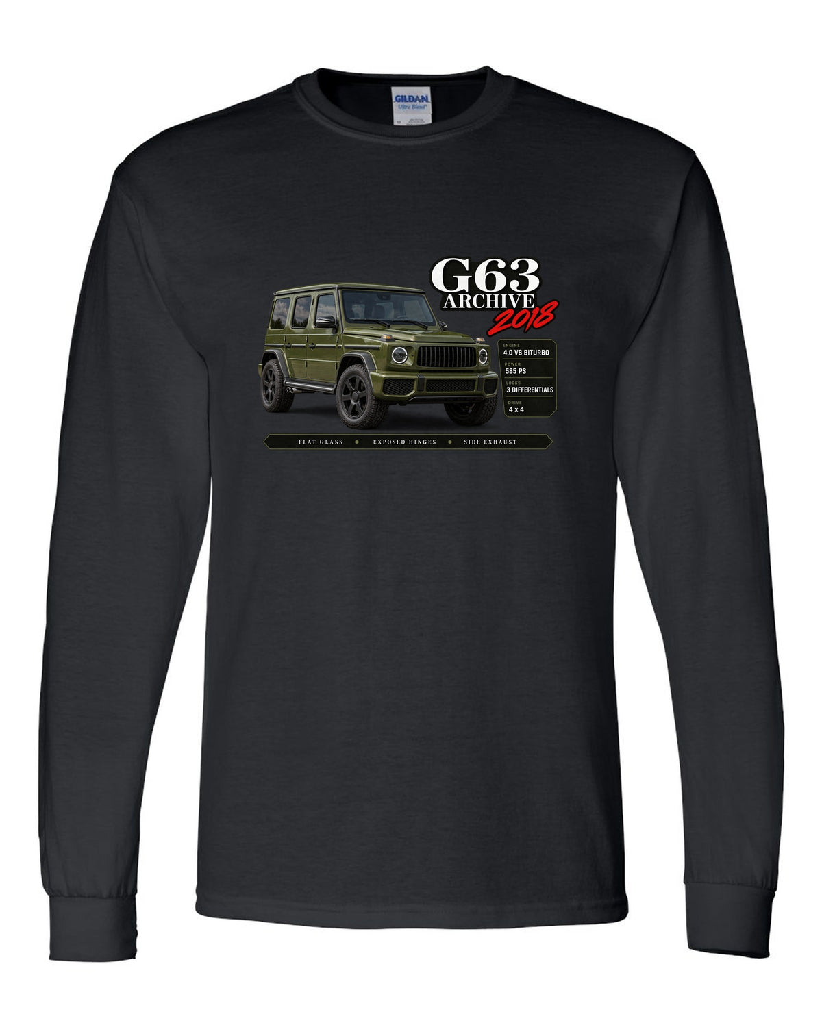 Archive panel print of a Mercedes-AMG G63 W464 with G63 Archive 2018 lettering black long sleeve front view with the design