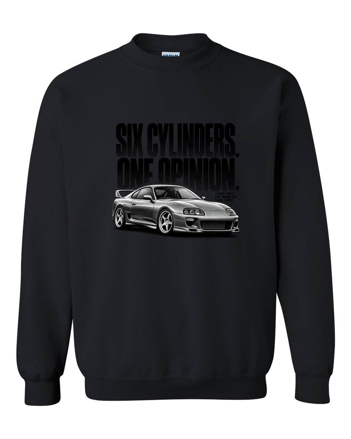 Halftone print of a Toyota Supra A80 JZA80 profile with the text Six Cylinders One Opinion black crewneck front view with the design