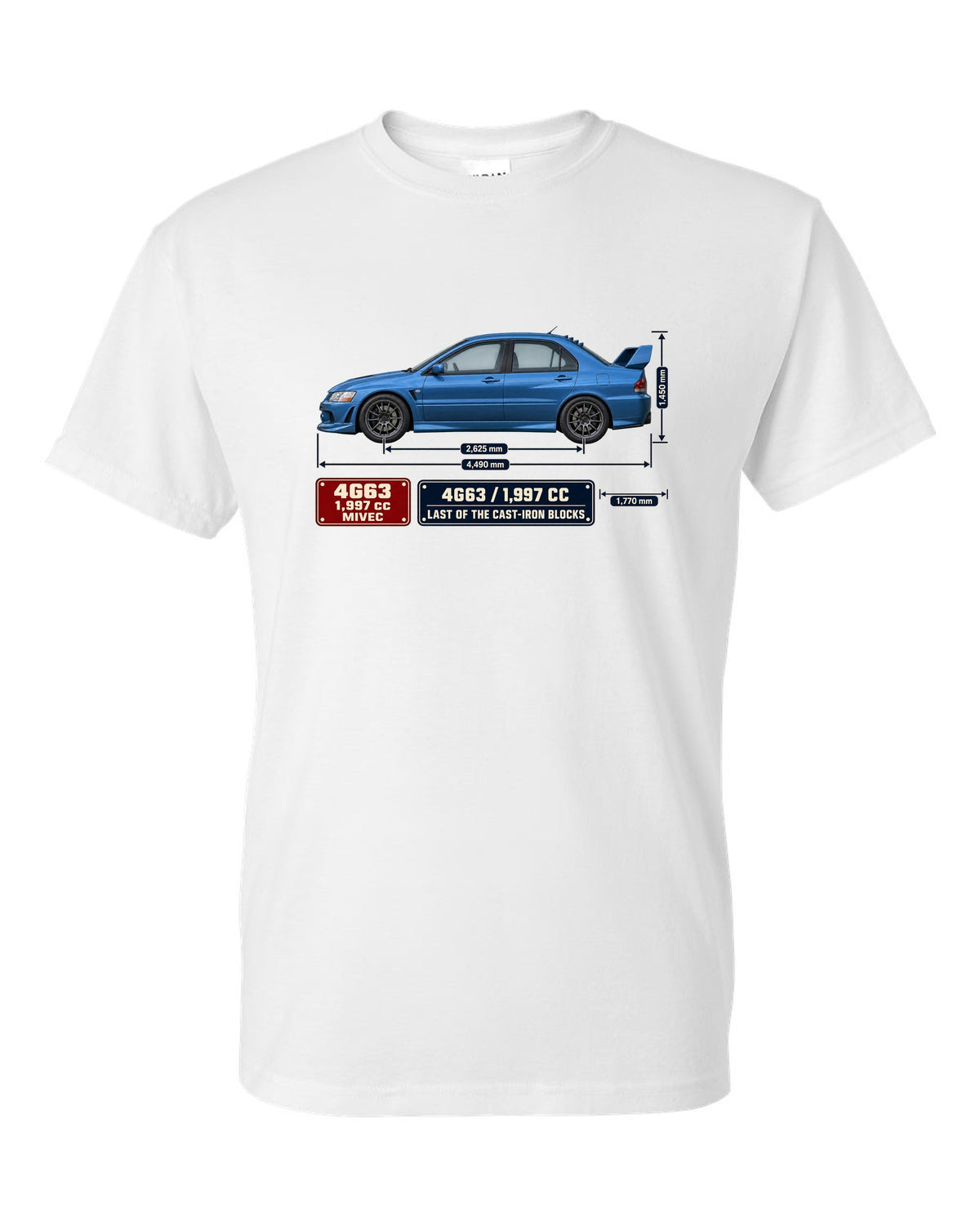 Lancer Evolution IX MR Blueprint white t-shirt front view with the design