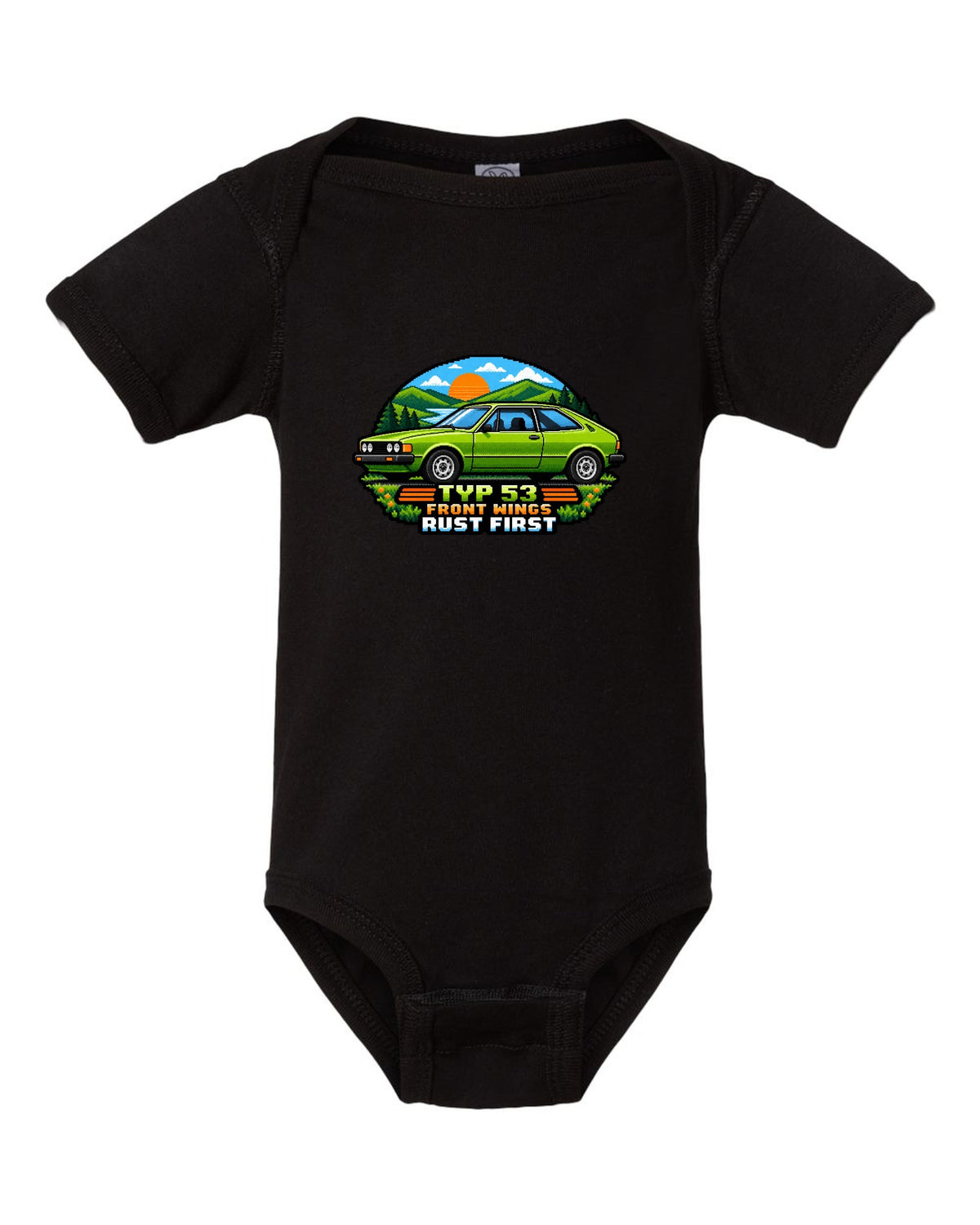 8/16-bit pixel art of a VW Scirocco Mk1 Typ 53 with front wings rust first text black baby onesie front view with the design