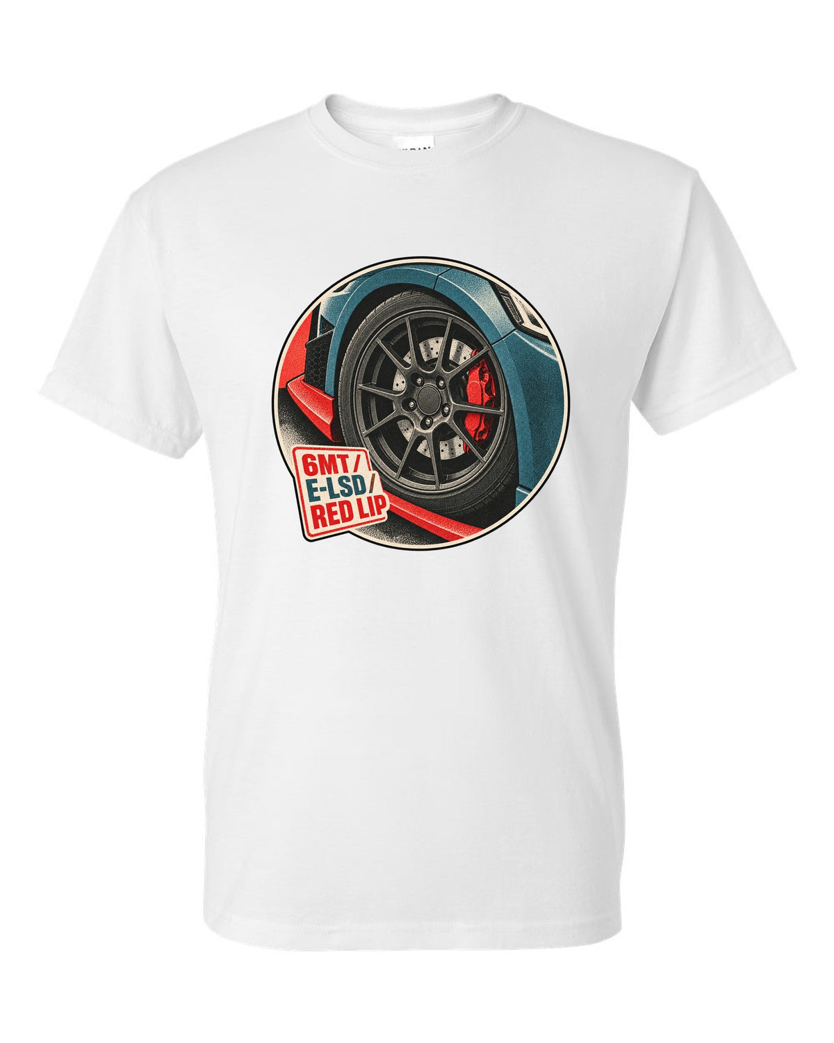 Risograph duotone print of a Hyundai Veloster N JS wheel and red front lip with 6MT E-LSD text white t-shirt front view with the design