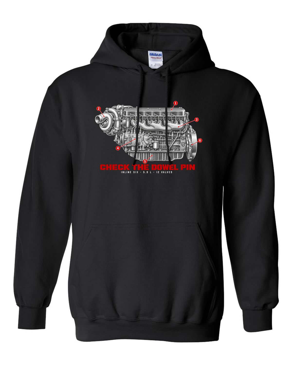 Engine hero print of a 1994-98 Ram 2500 5.9L 12-valve Cummins inline six black pull over hoodie front view with the design