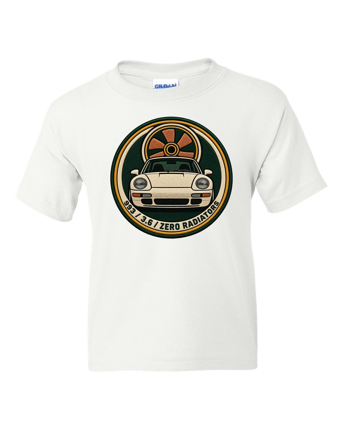 Round crest print of a Porsche 911 993 with the text 993, 3.6 and zero radiators white kids tee front view with the design