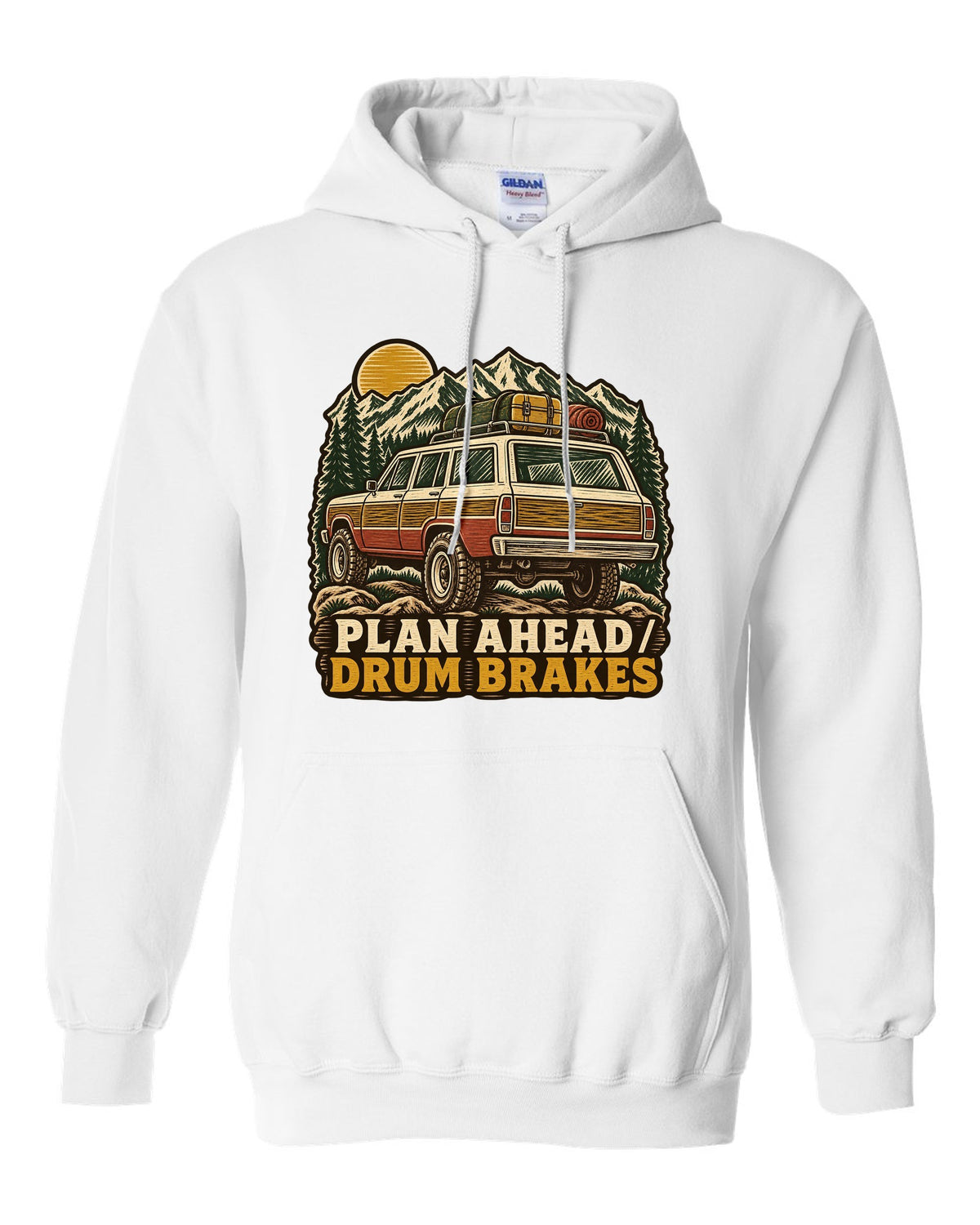 Linocut woodcut of a Toyota Land Cruiser FJ55 with Plan Ahead Drum Brakes lettering white pull over hoodie front view with the design