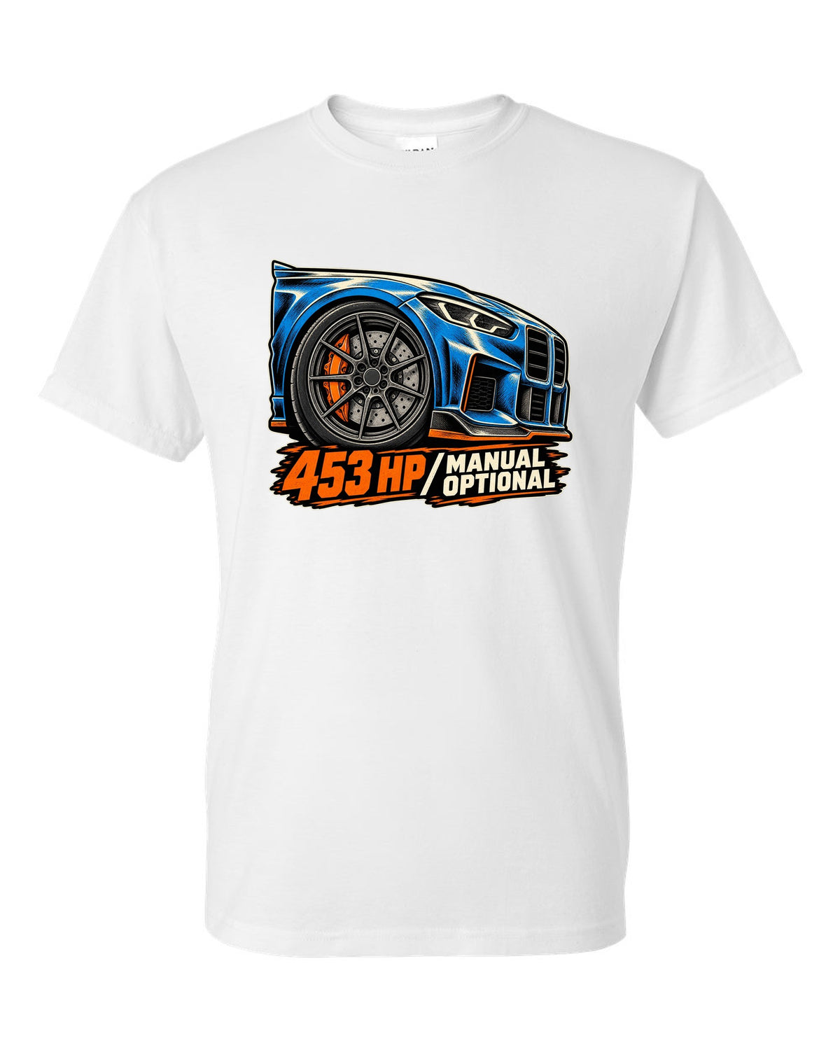 Embroidery-style shield crest print of a BMW M2 F87 with chargepipe fund text white t-shirt front view with the design