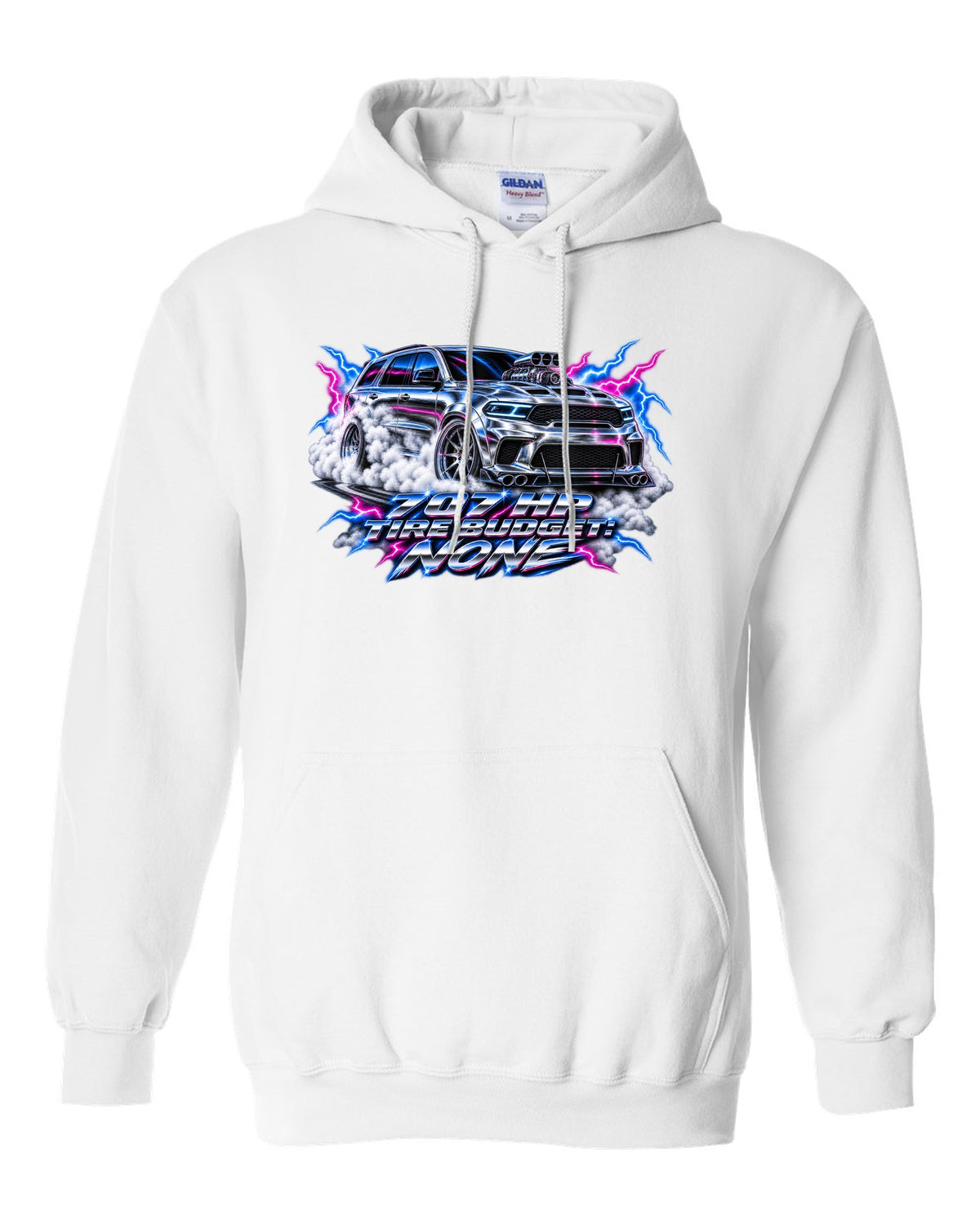 80s airbrush chrome print of a Jeep Grand Cherokee WK2 Trackhawk with 707 HP text white pull over hoodie front view with the design