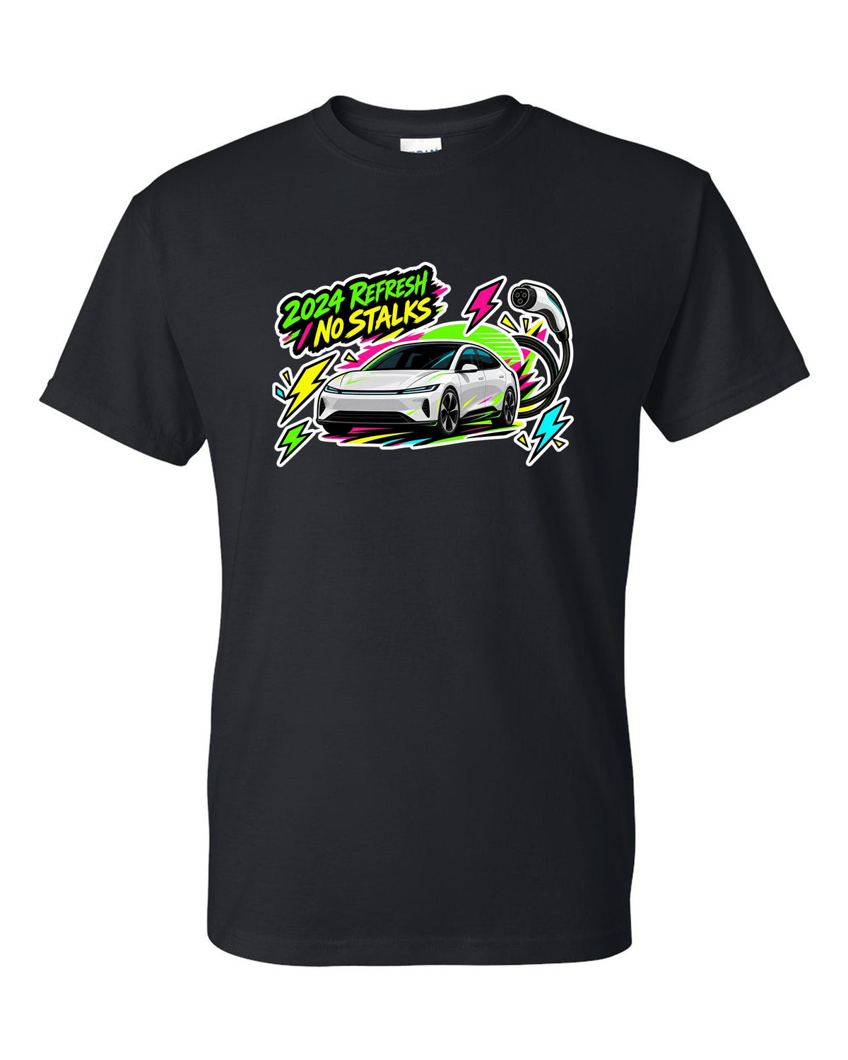 Sticker bomb collage print of a Tesla Model 3 Highland with the text 2024 Refresh No Stalks black t-shirt front view with the design