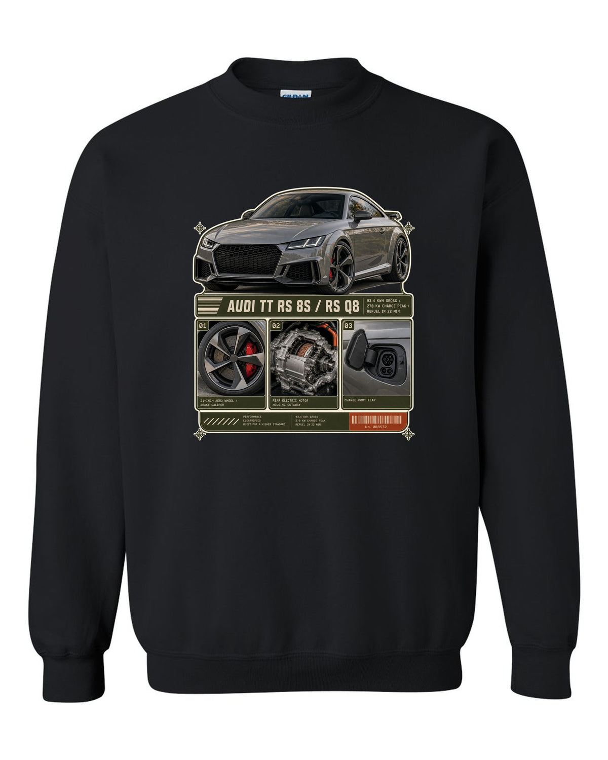 Audi RS e-tron GT dossier panels with wheel, motor and charge port print design black crewneck front view with the design