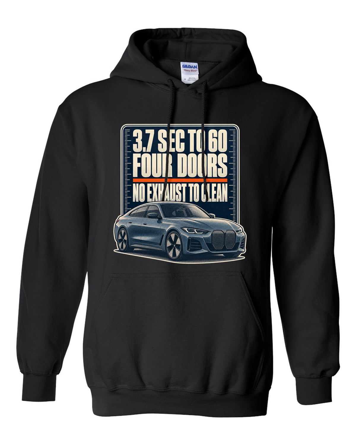 Halftone print of the BMW i4 M50 G26 with 3.7 second 0-60 time black pull over hoodie front view with the design