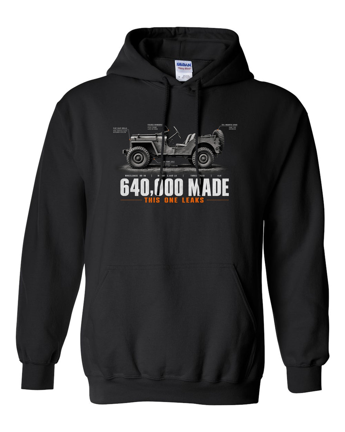 Spec poster print for the Willys MB and Ford GPW, 640,000 made black pull over hoodie front view with the design