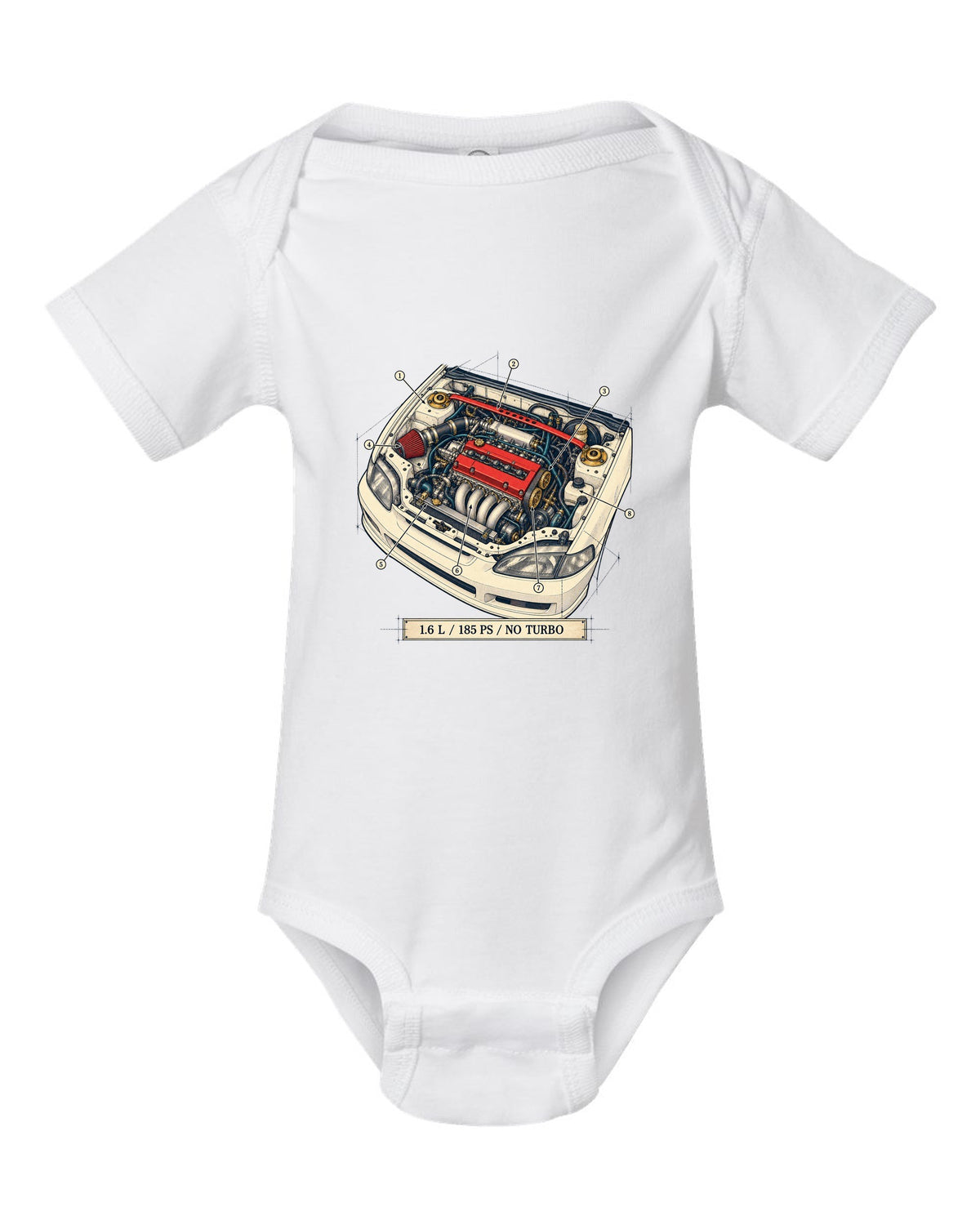 Patent drawing line art of the Honda Civic Type R EK9 with B16B spec text white baby onesie front view with the design