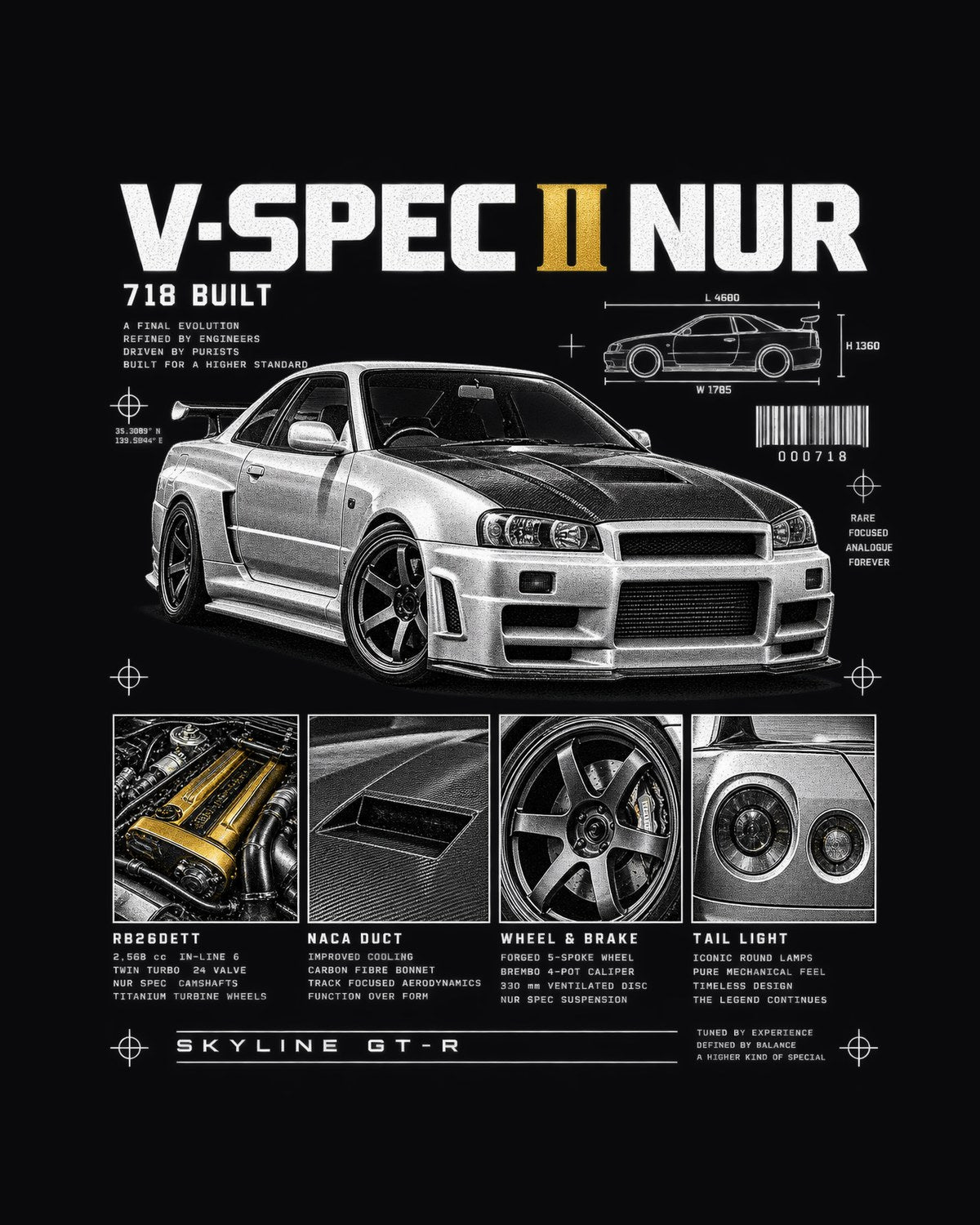 Skyline GT-R R34 V-Spec II Nur Dossier Tee, Gold Cam Covers design only