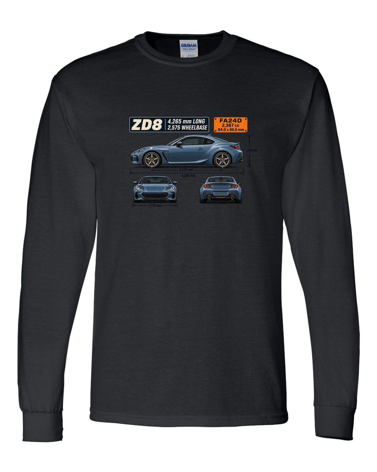Blueprint-style dimension drawing of a Subaru BRZ ZD8 with length and wheelbase callouts black long sleeve front view with the design