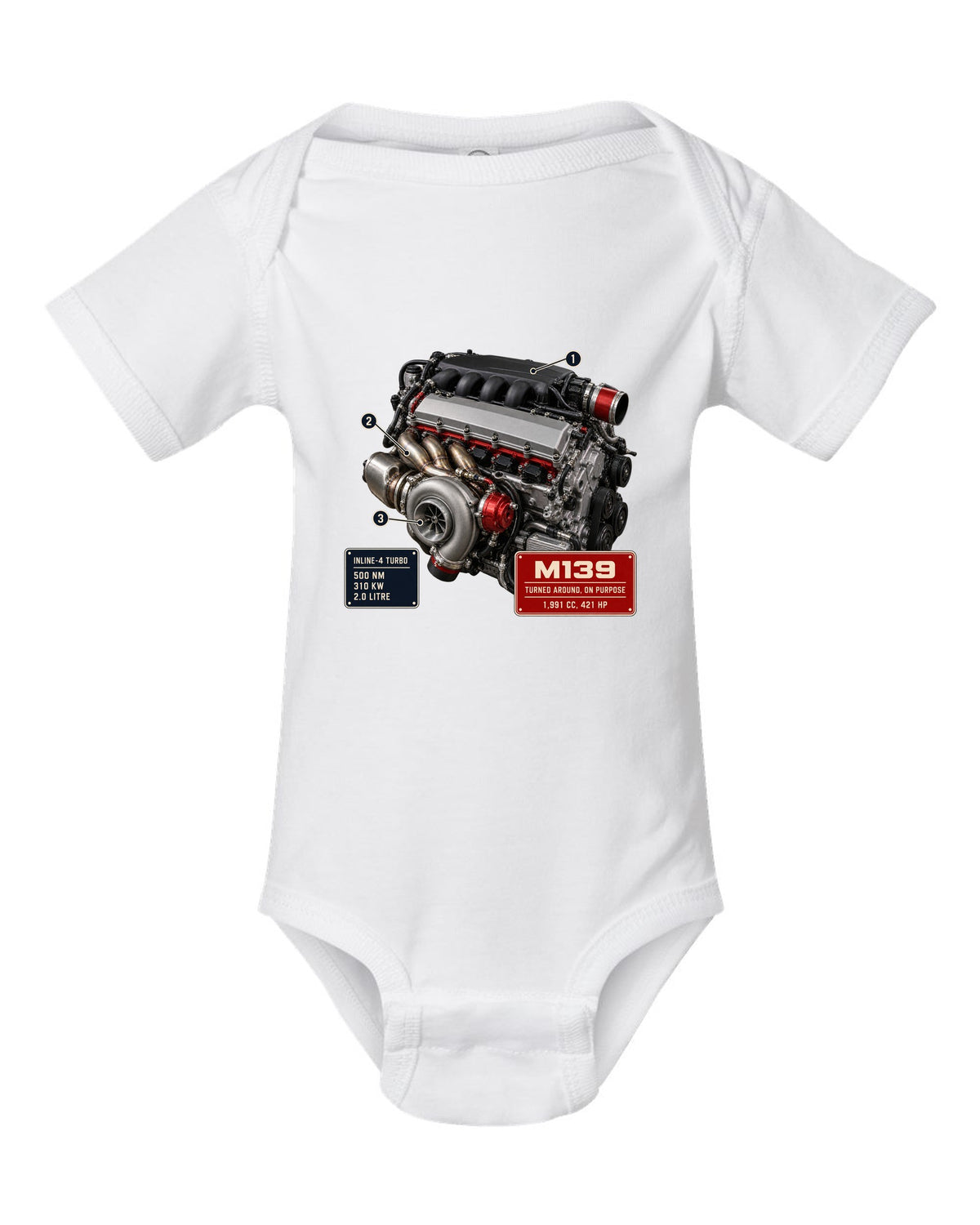 Mercedes-AMG M139 2.0 litre turbo four engine hero print white baby onesie front view with the design