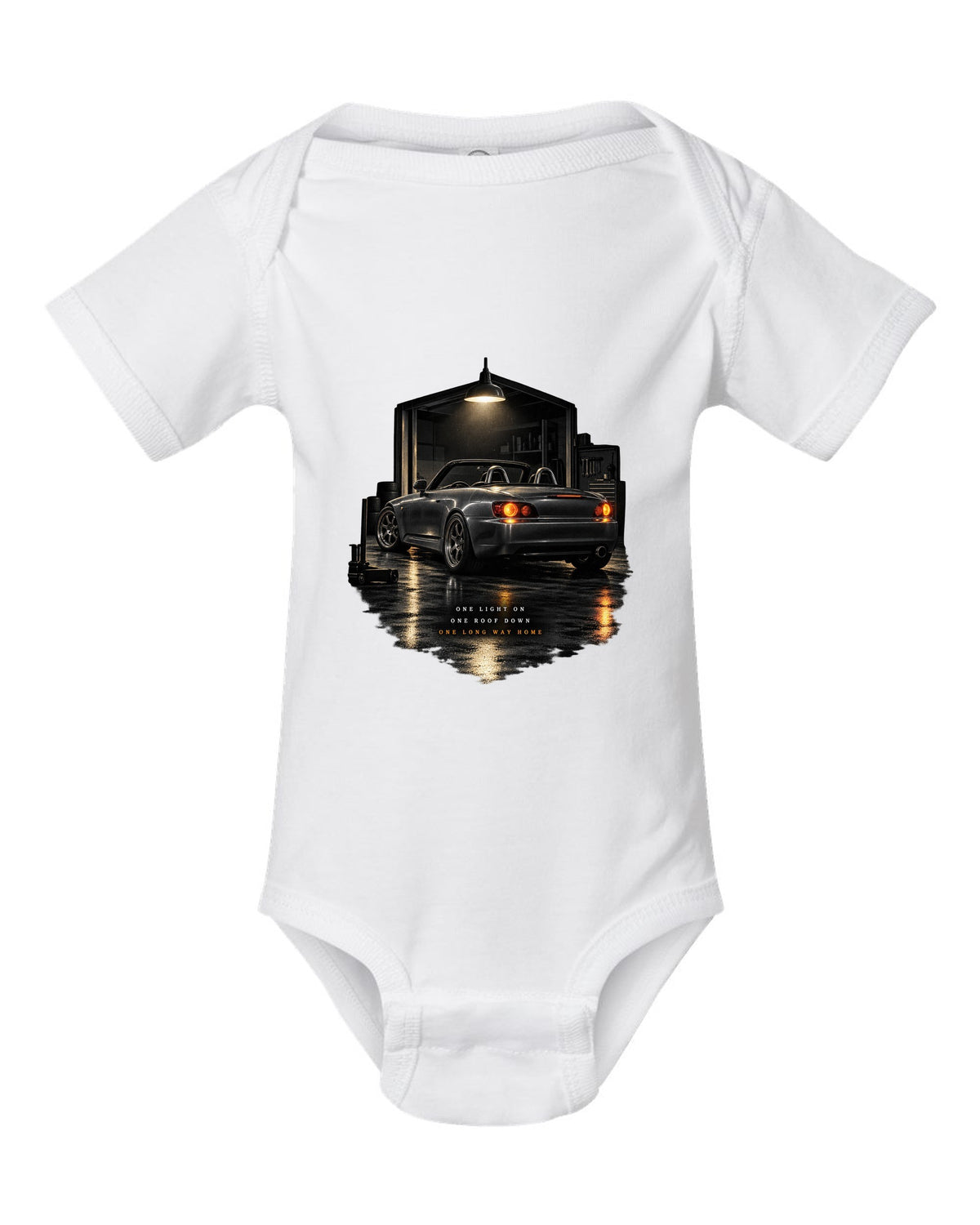 Honda S2000 AP1 roadster garage night design with roof down long way home text white baby onesie front view with the design