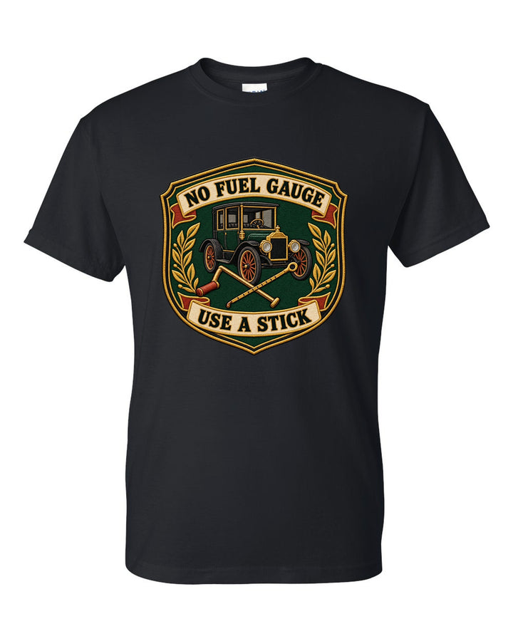 Shield crest print for a 1908 Ford Model T with No Fuel Gauge Use a Stick lettering black t-shirt front view with the design