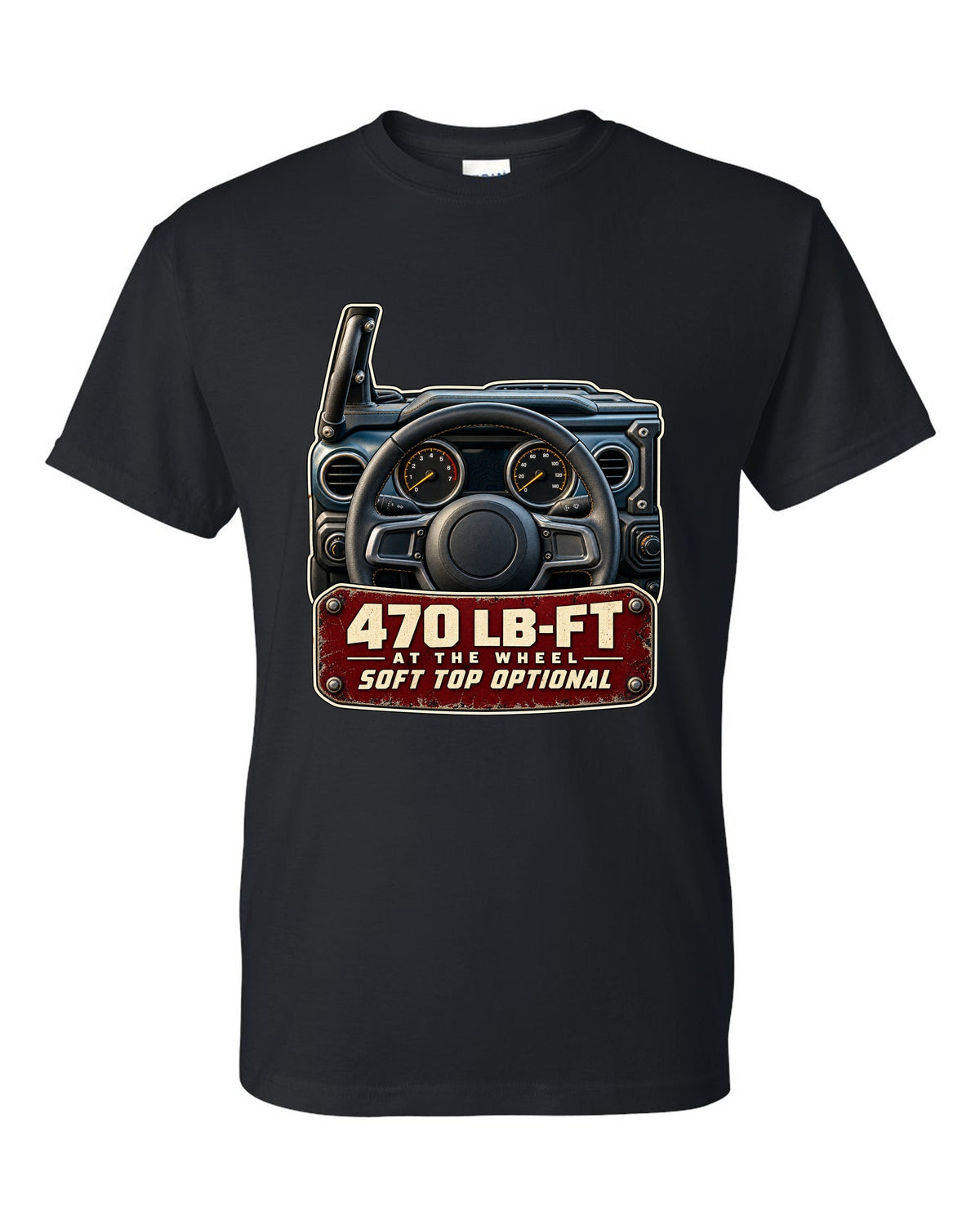 Gauge cluster print for the Jeep Wrangler Rubicon 392 with torque callout black t-shirt front view with the design
