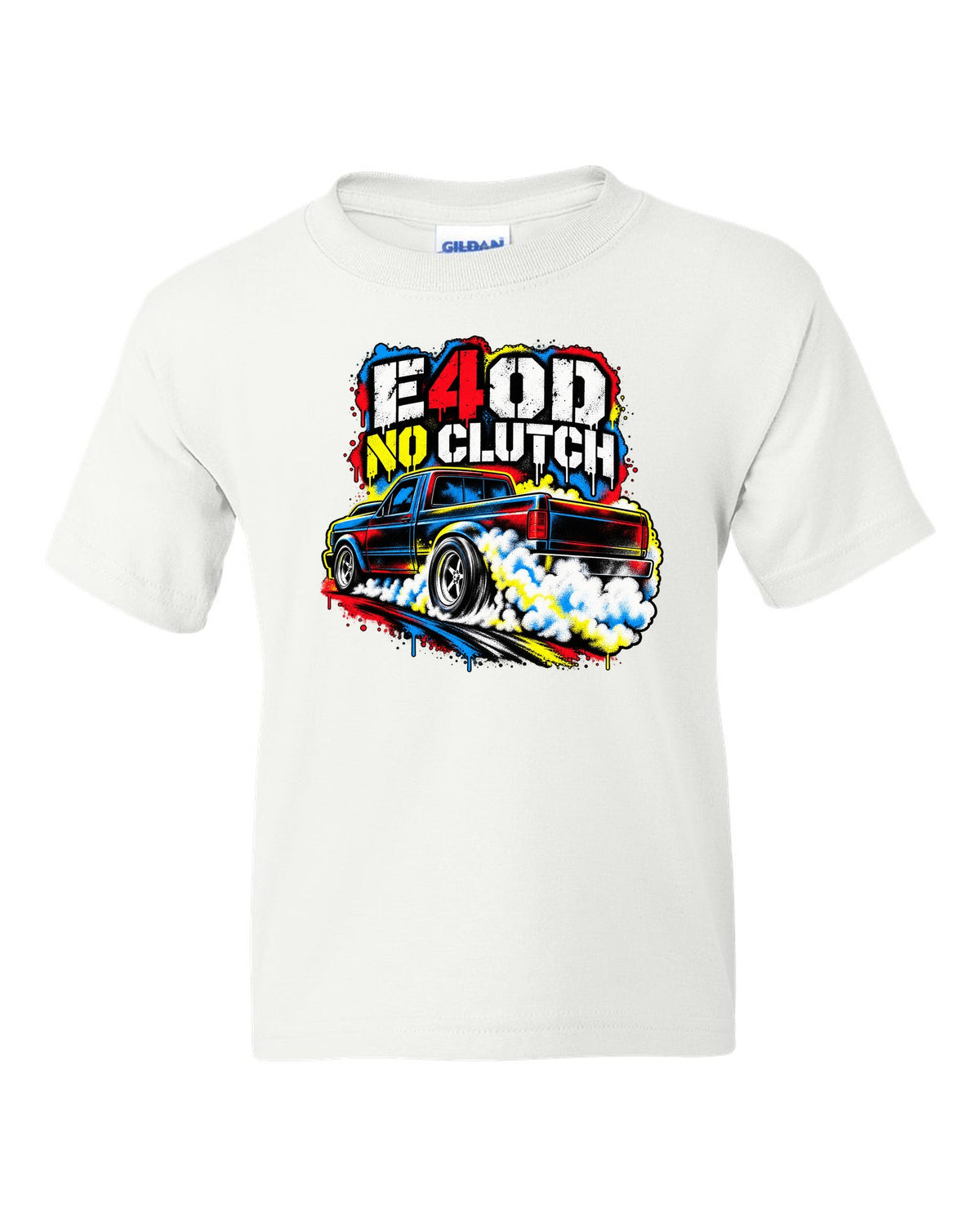Ford F-150 SVT Lightning first gen burnout in a stencil spray print white kids tee front view with the design