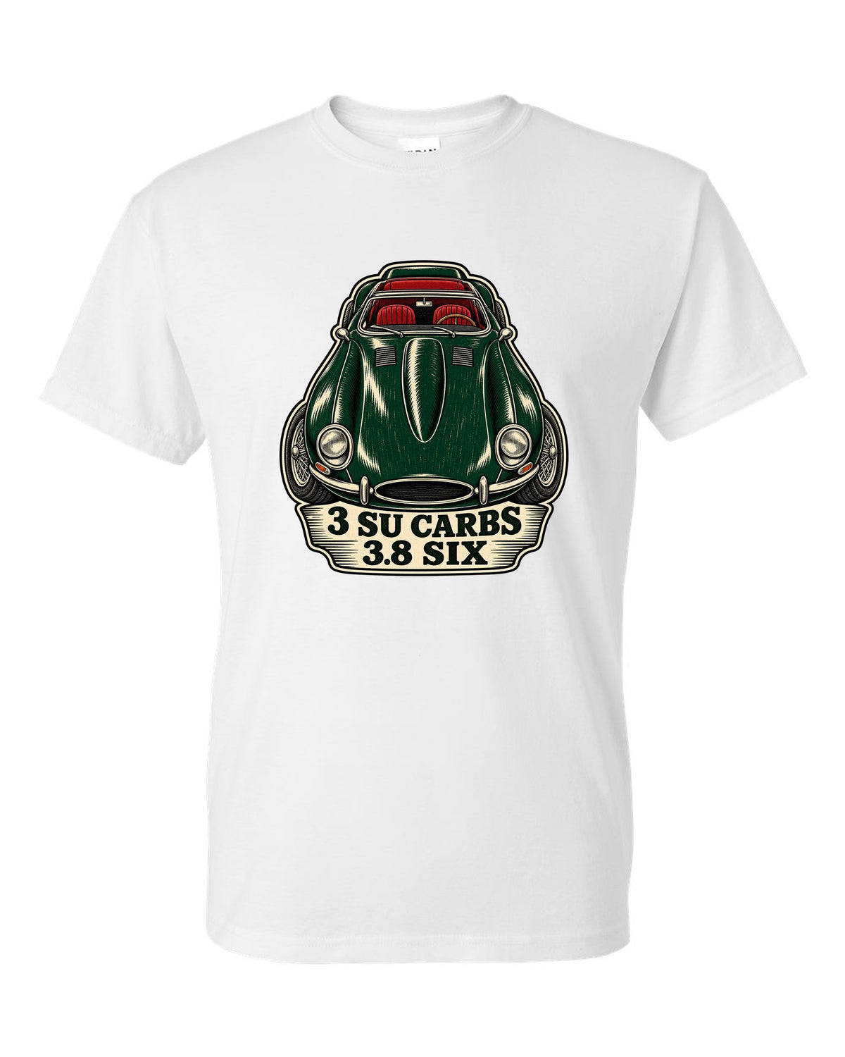 Jaguar E-Type Series 1 long bonnet woodcut with 3 SU CARBS 3.8 SIX lettering white t-shirt front view with the design
