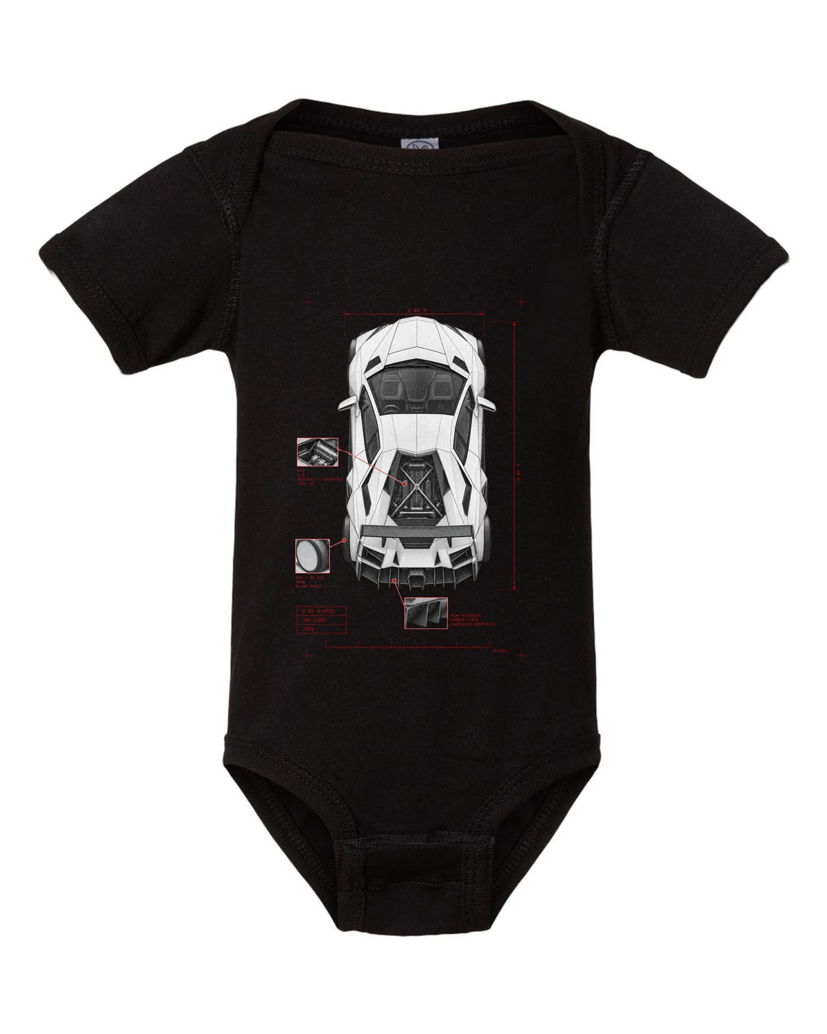 Lamborghini Aventador S LP740-4 spec poster print reading 2.03 M wide, one lane, 2016 black baby onesie front view with the design