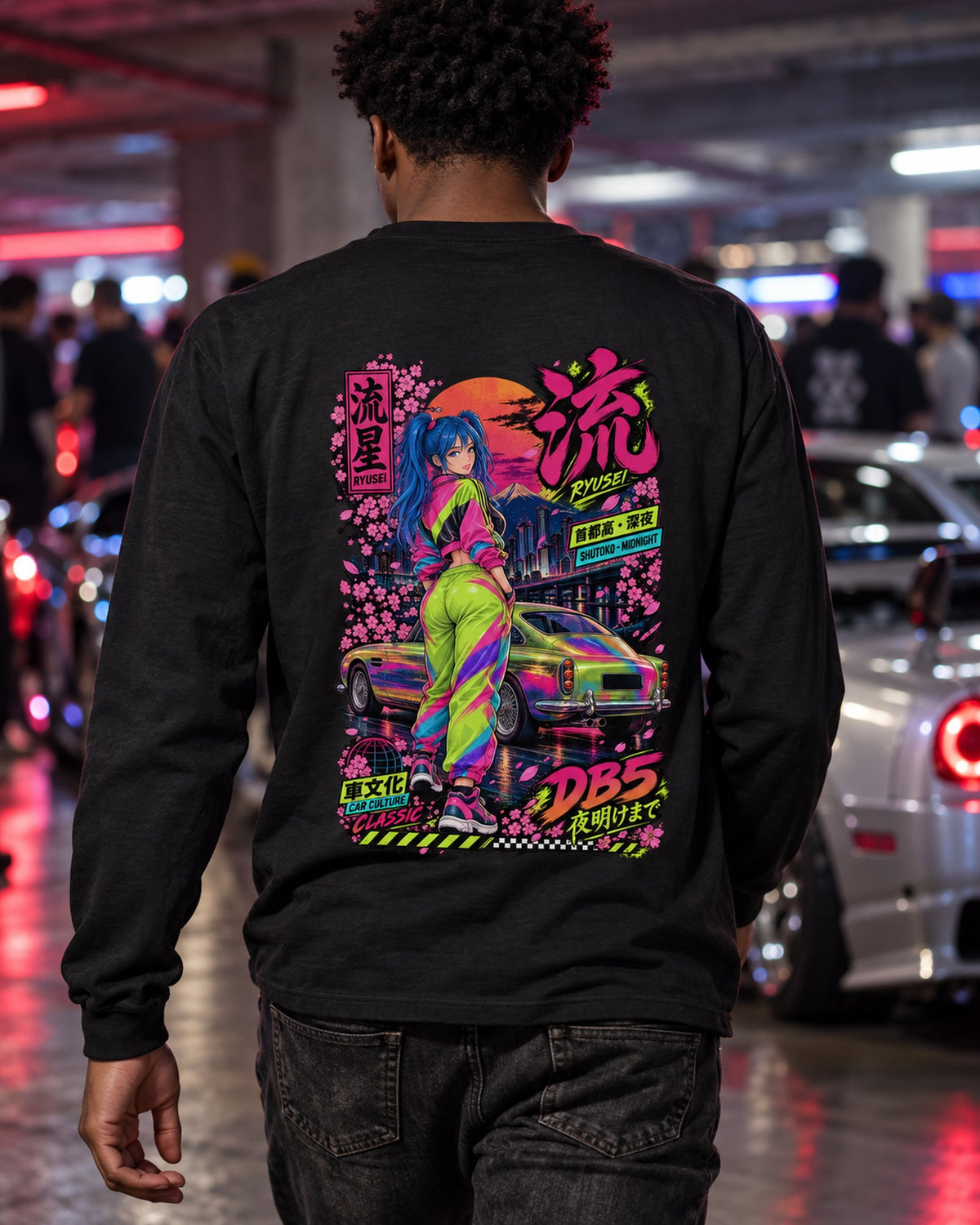 RYUSEI DB5 Anime Girl Full-Back Graphic Tee Long Sleeve Black worn hero