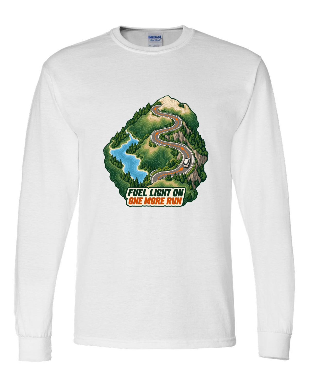 Topographic route map print of a Toyota Corolla Levin AE86 with Fuel Light On lettering white long sleeve front view with the design