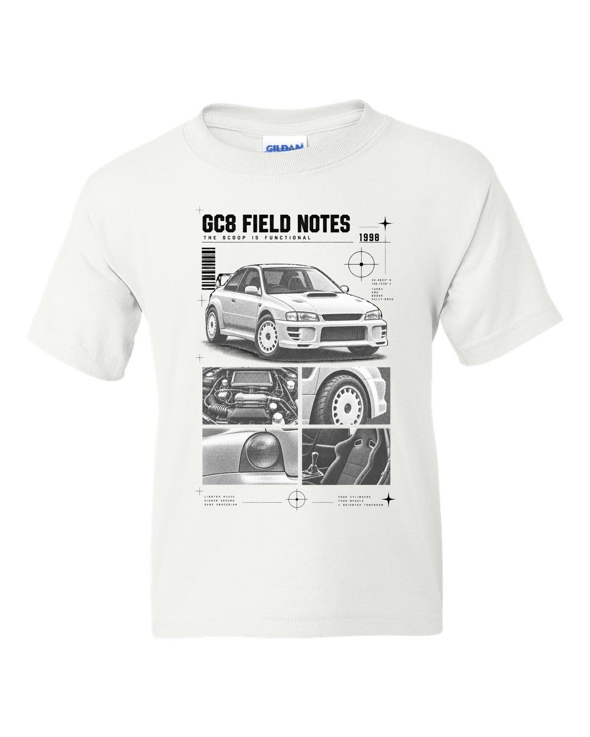 Subaru Impreza WRX GC8 coupe 1998 field notes dossier panels white kids tee front view with the design