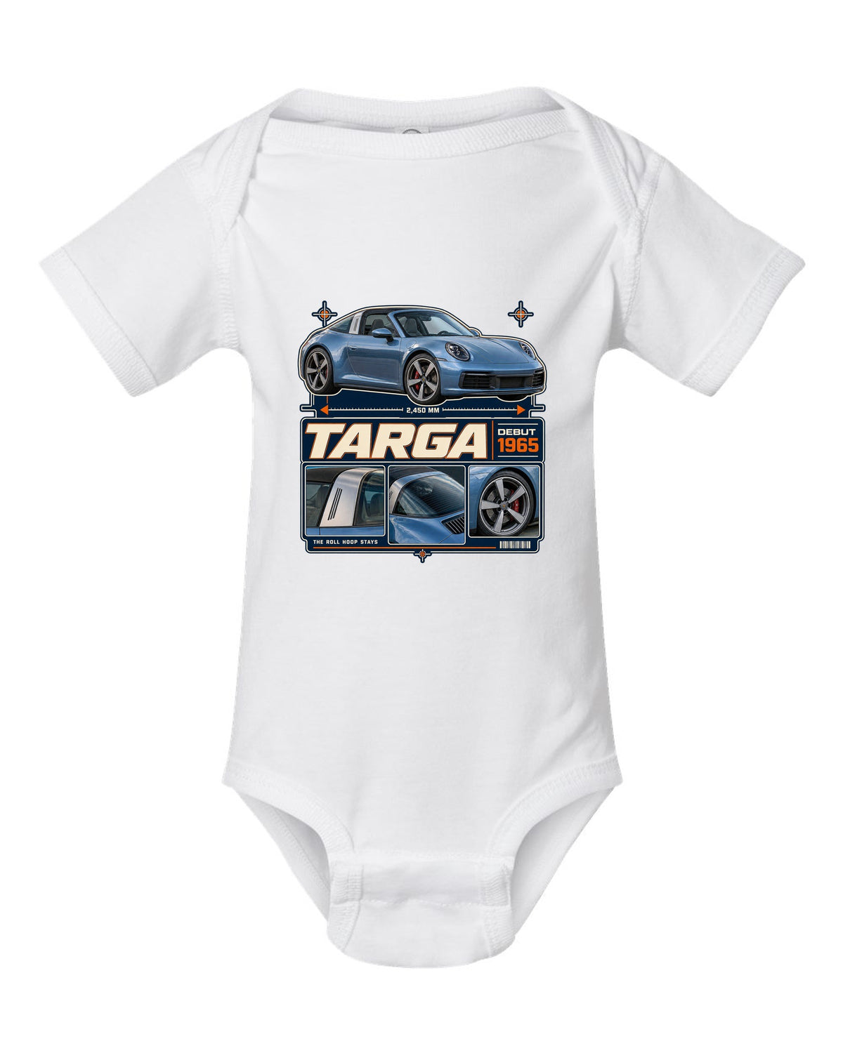 Dossier panel print of a Porsche 911 Targa 4S 992 with roll hoop white baby onesie front view with the design
