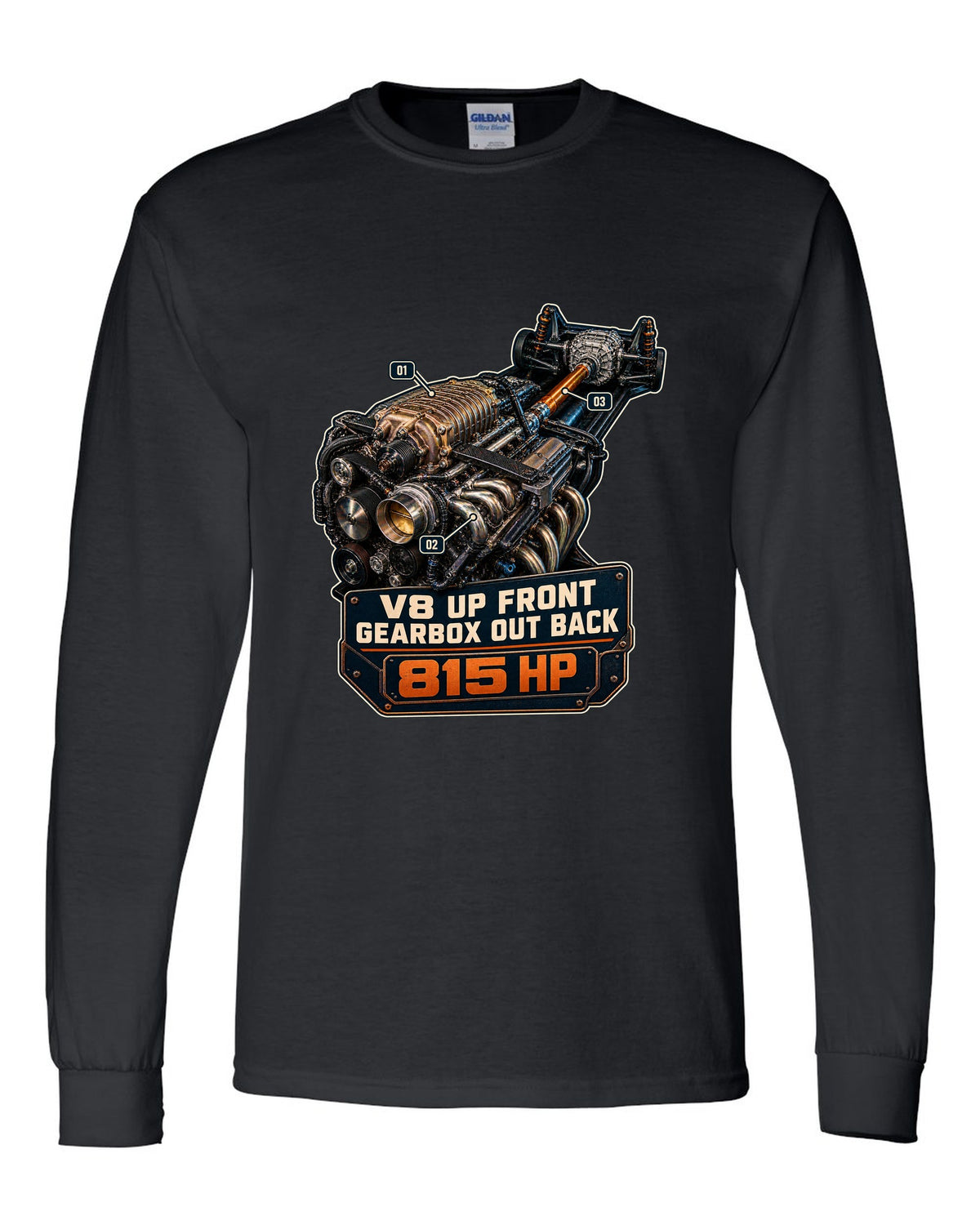 print of a Mustang GTD supercharged V8 engine with V8 up front gearbox out back text black long sleeve front view with the design