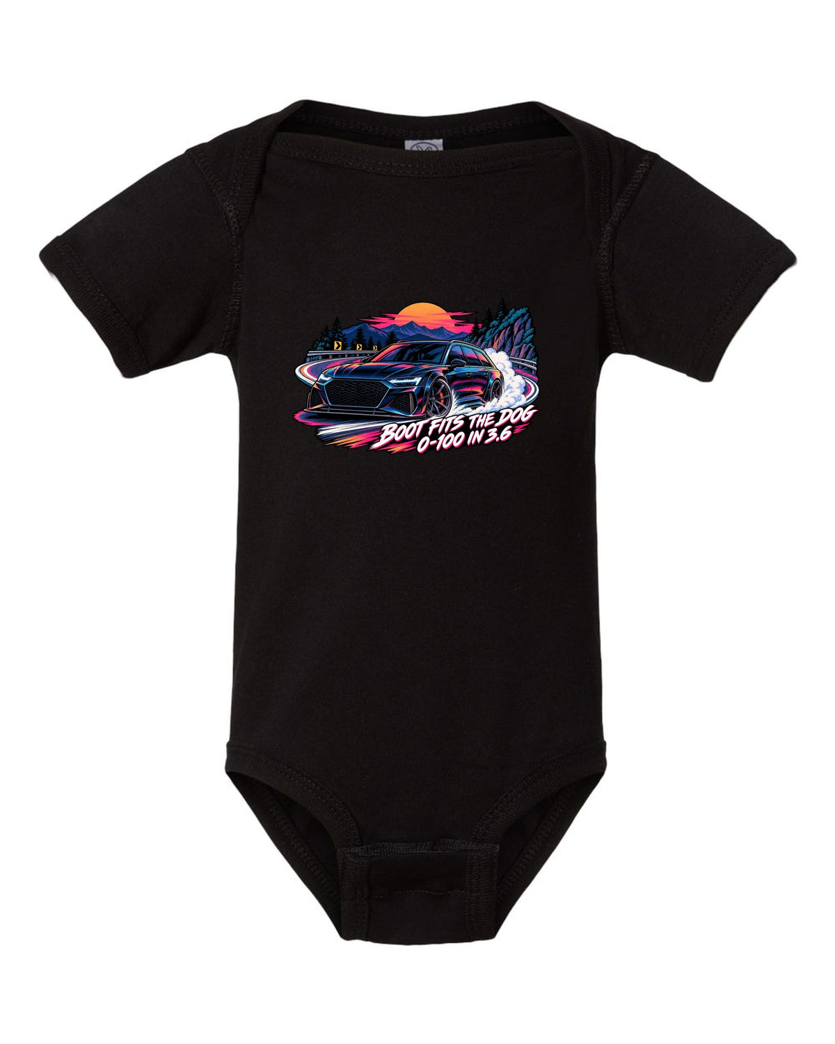 Cel-shaded anime night touge design of the Audi RS6 Avant C8 with boot fits the dog lettering black baby onesie front view with the design